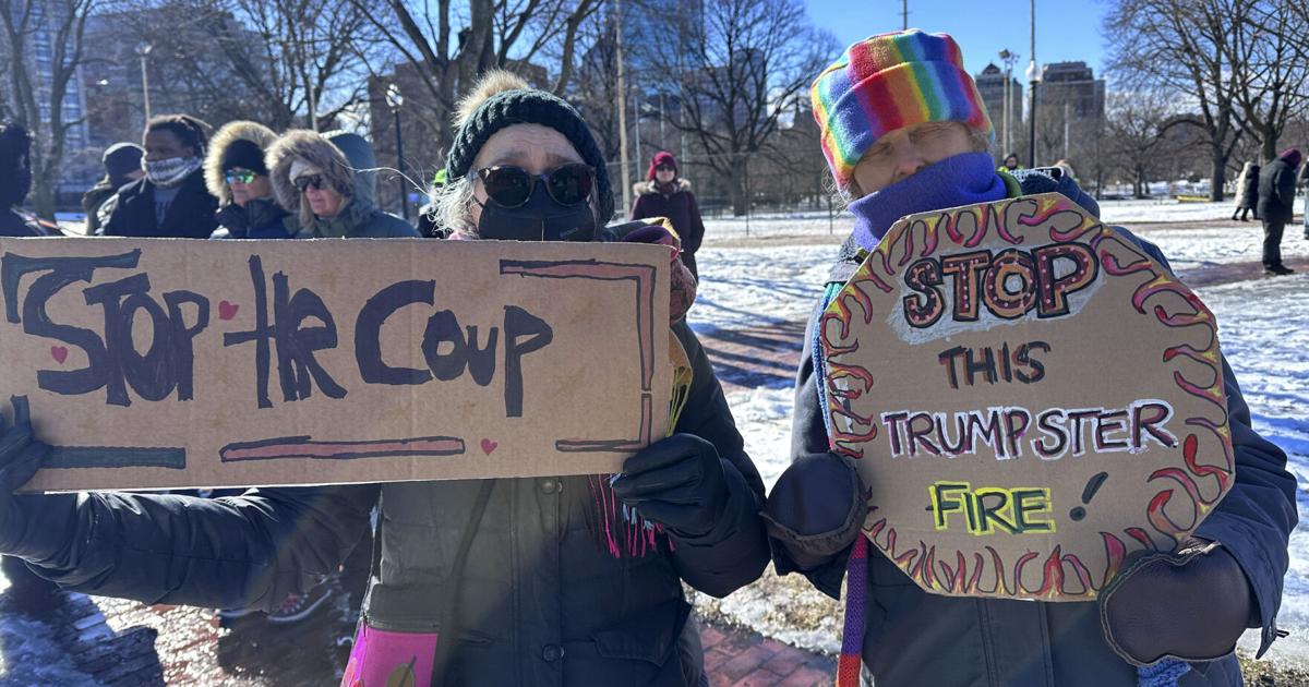 Hundreds march in Boston to support democracy and protest policies of Trump, Musk