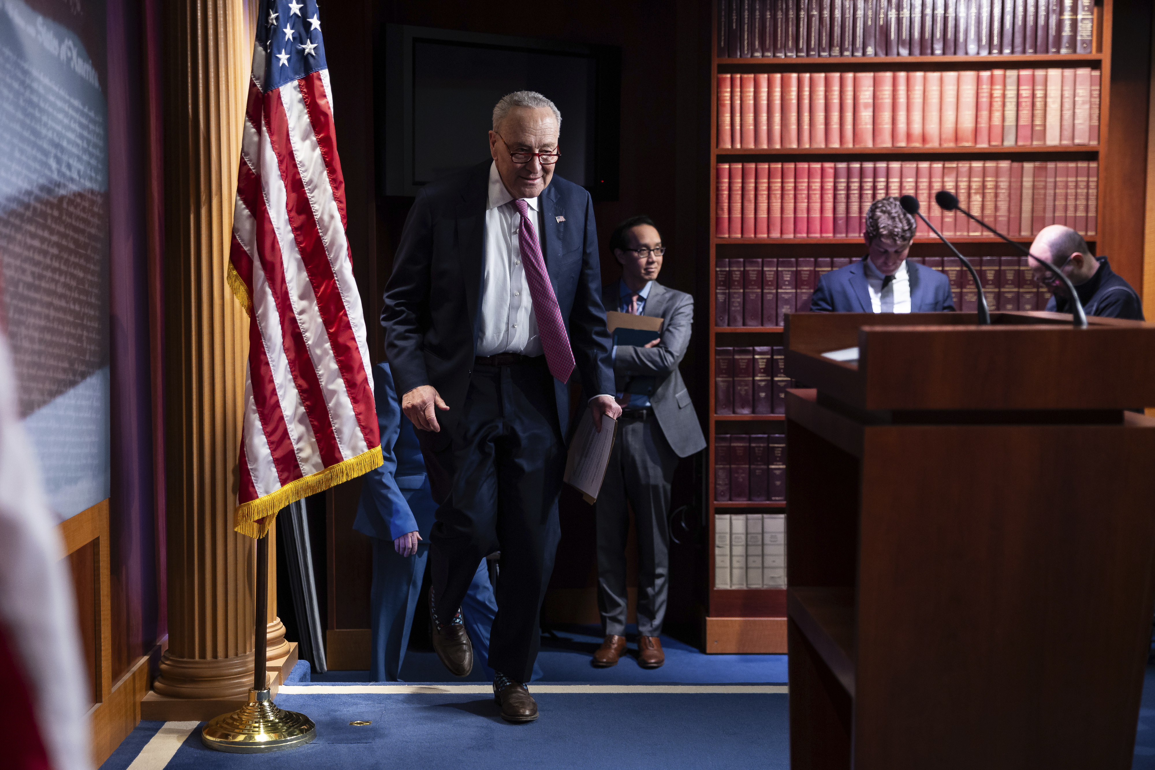 Senate Minority Leader Chuck Schumer (D-N.Y.) arrives for a press conference on Elon Musk accessing the central government payment system at the U.S. Capitol, on Feb. 3, 2025. 
