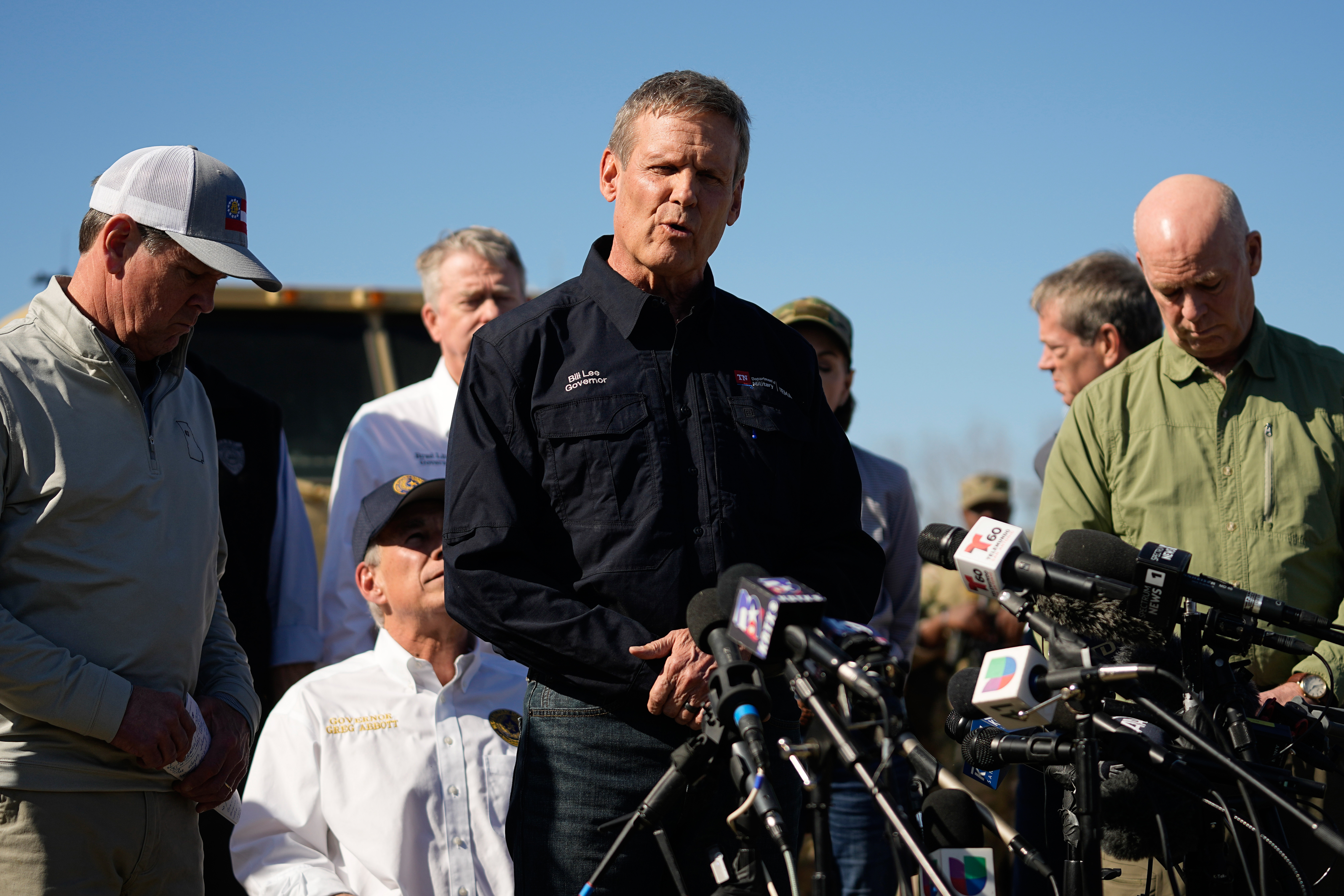 Tennessee Gov. Bill Lee speaks during a news conference along the Rio Grande to discuss border concerns, in Eagle Pass, Texas, in February 2024.
