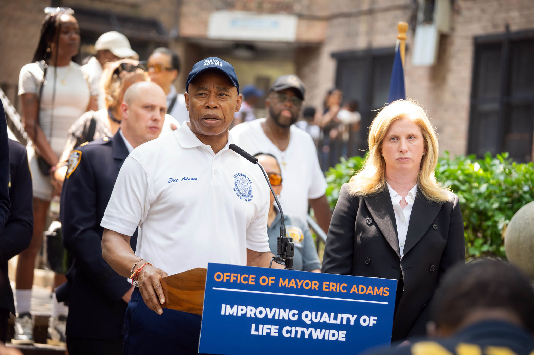 Mayor Eric Adams and New York City Police Commissioner Jessica Tisch announce the city's July crime statistics at the Whitman Houses, Brooklyn on August 4, 2025. 