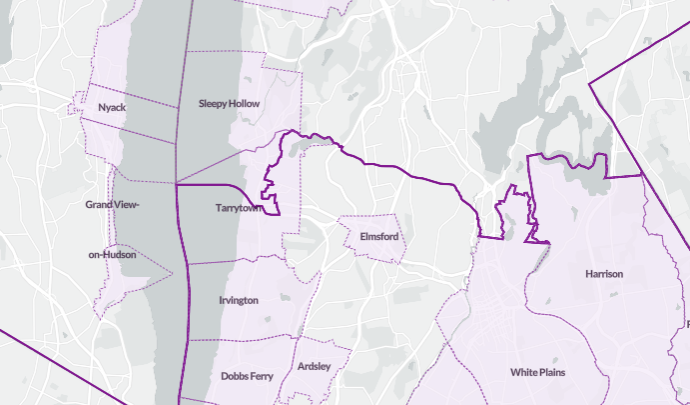 The split between Rep. George Latimer's district (south) and Rep. Mike Lawler's (north)