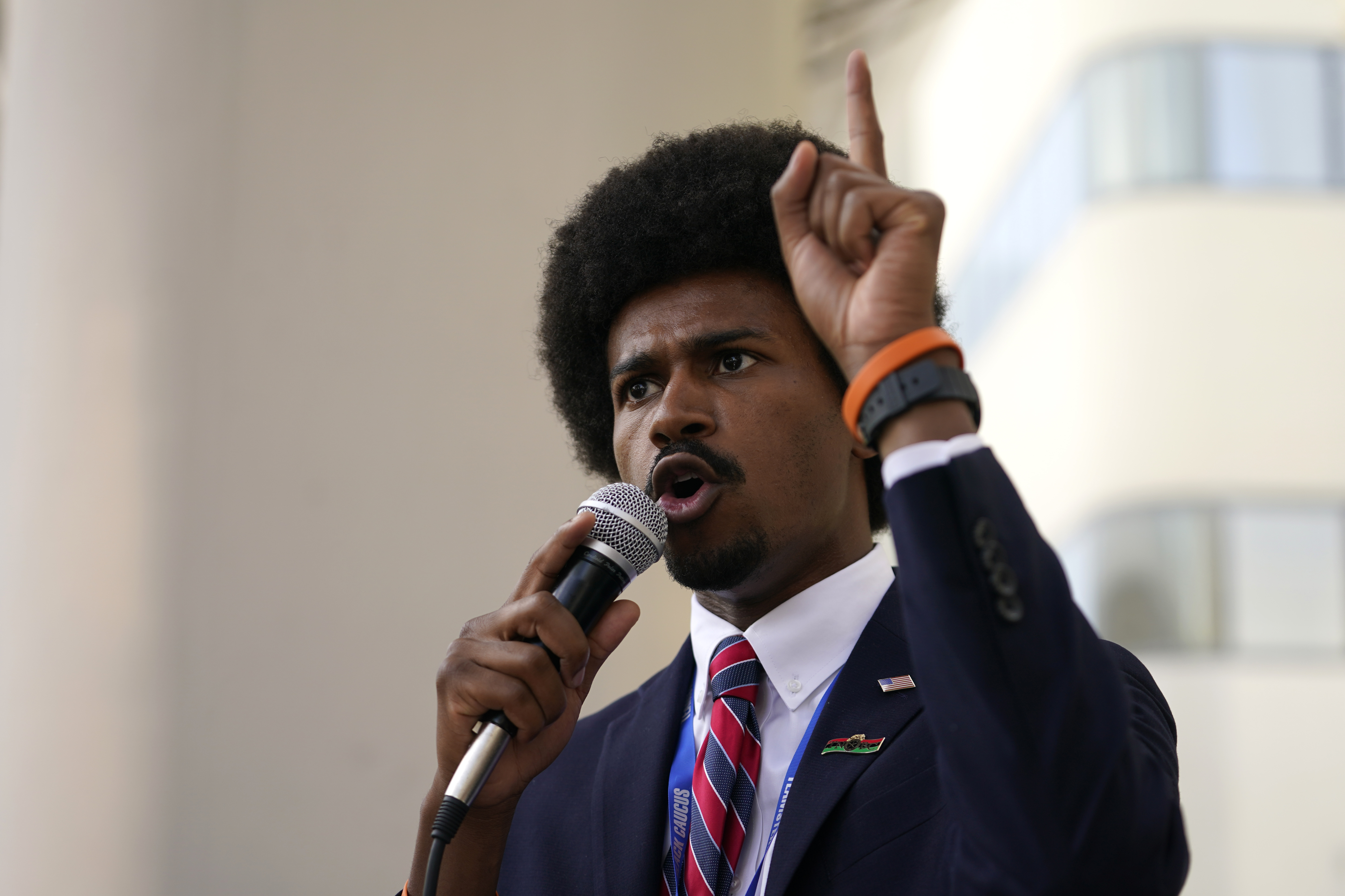 Tennessee State Rep. Justin Pearson, D-Memphis talks during a speech at the 