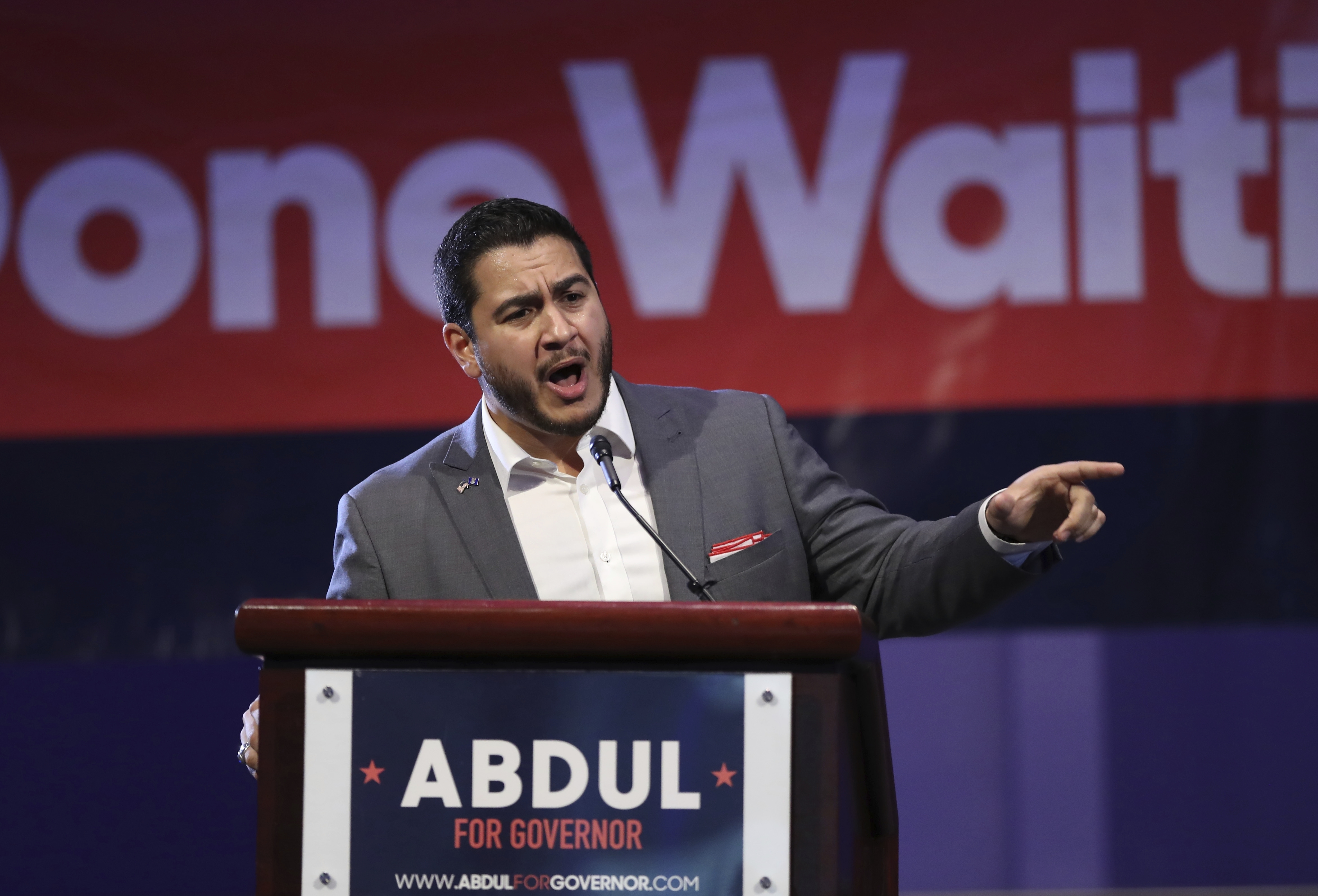 Michigan Democratic gubernatorial candidate Abdul El-Sayed addresses supporters during a rally, Sunday, Aug. 5, 2018, in Detroit. (AP Photo/Carlos Osorio)