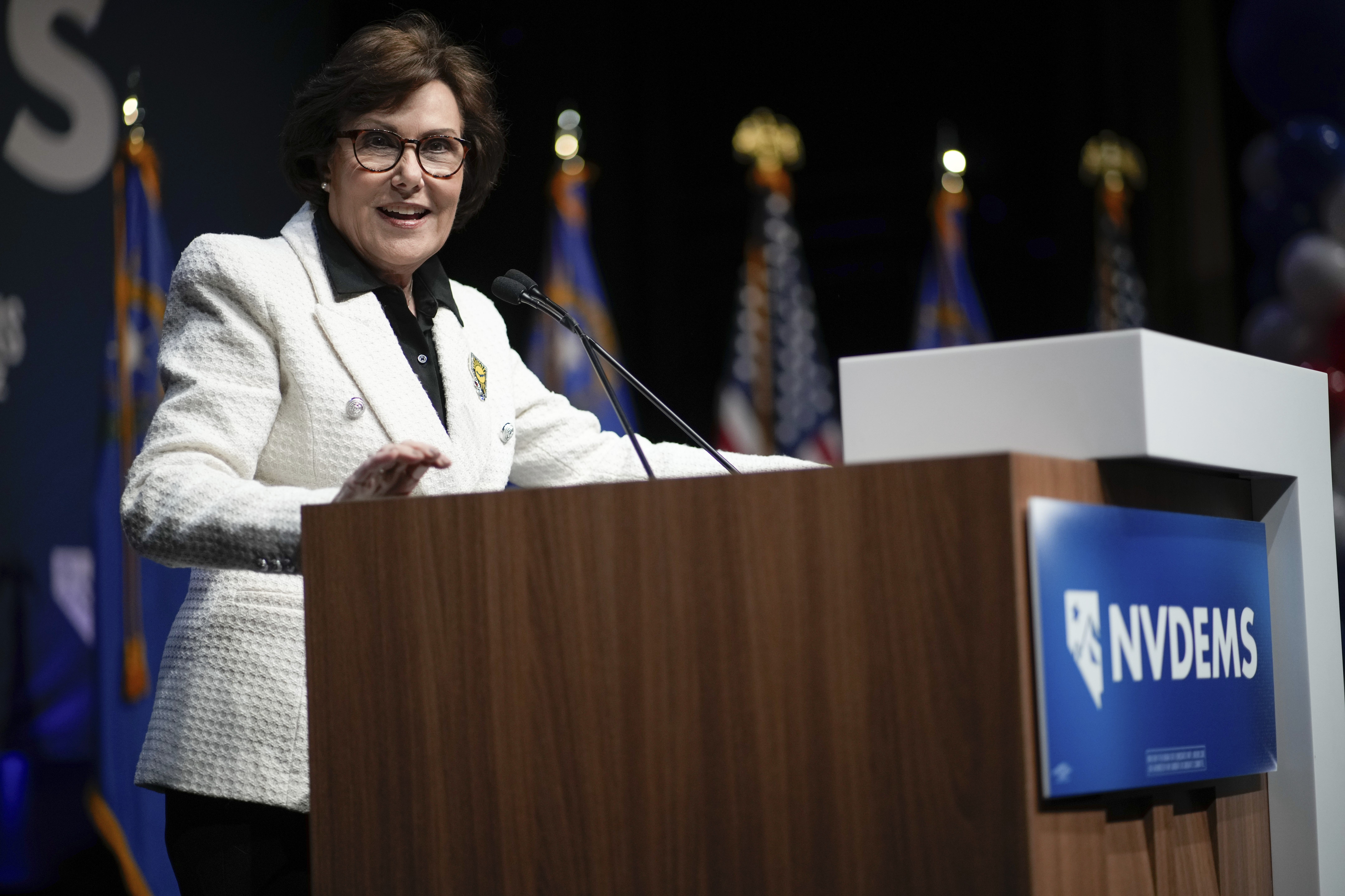 Sen. Jacky Rosen, D-Nev., speaks to supporters during an election watch party Wednesday, Nov. 6, 2024, in Las Vegas. (AP Photo/John Locher)