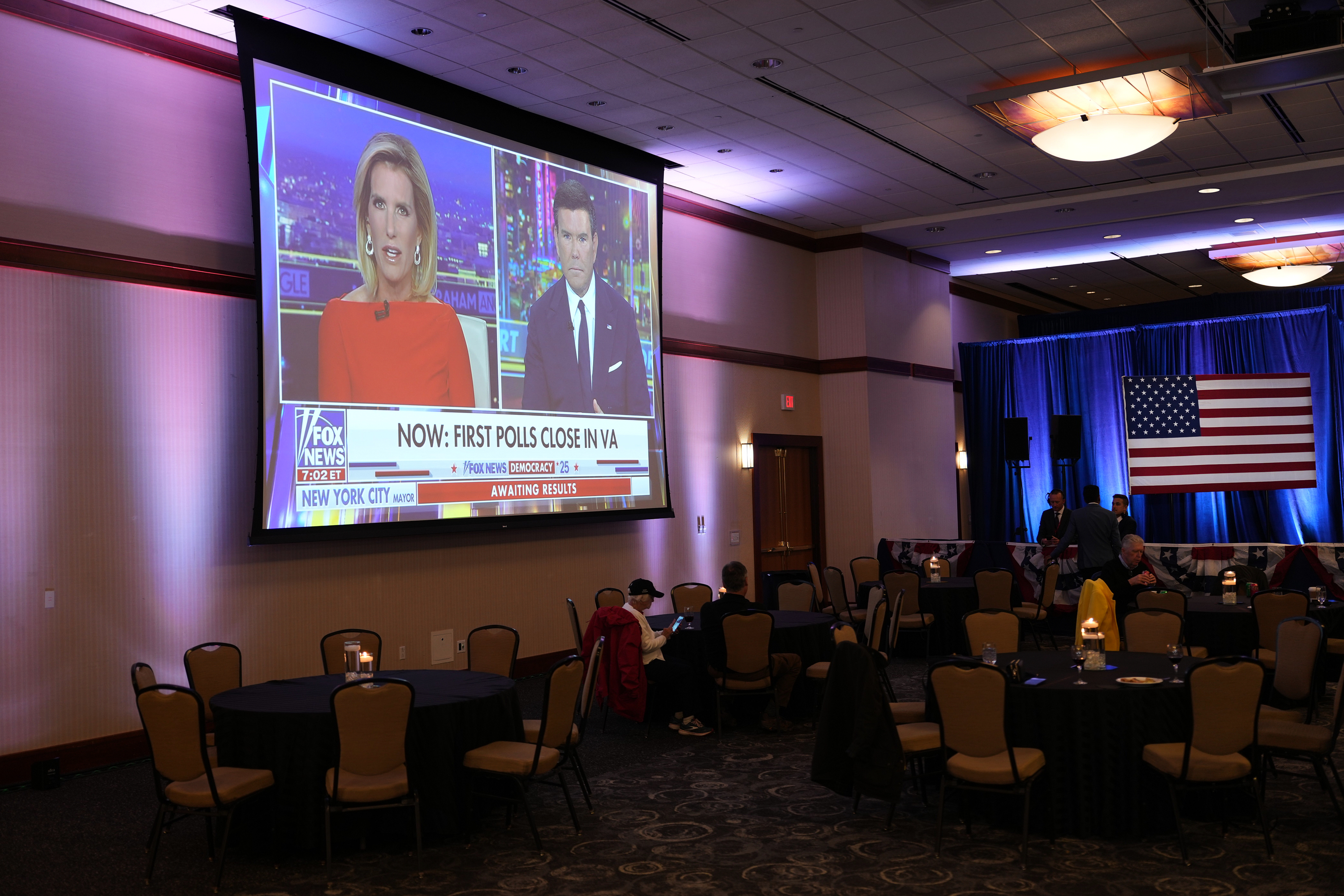 A FOX News broadcast plays on screen at an election night watch party for Virginia Republican gubernatorial candidate Winsome Earle-Sears on Nov. 4, 2025, in Leesburg, Virginia.