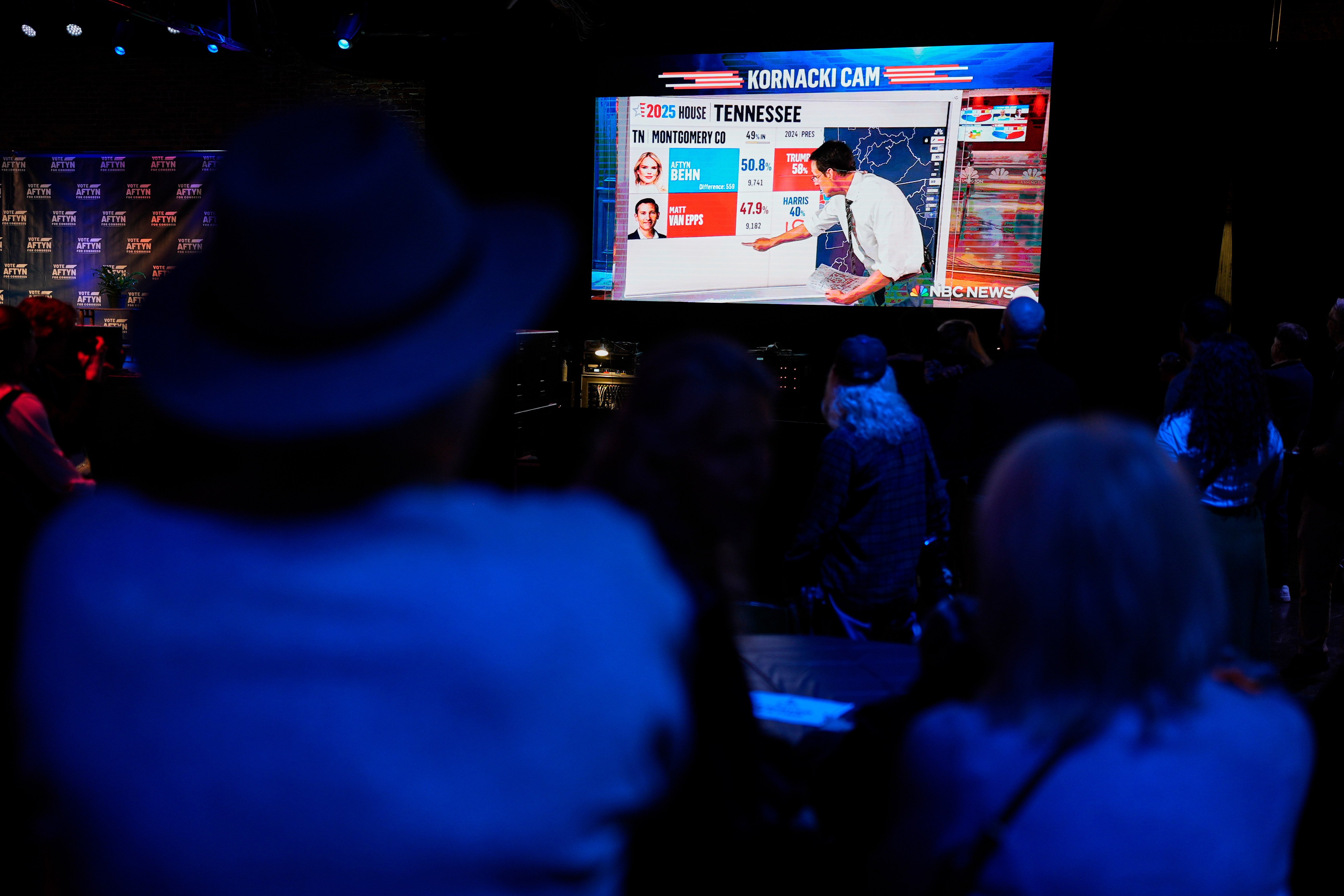 Supporters of Democratic candidate Aftyn Behn watch results at an election night party for the special election of the U.S. seventh congressional district, Dec. 2, 2025, in Nashville, Tennessee.