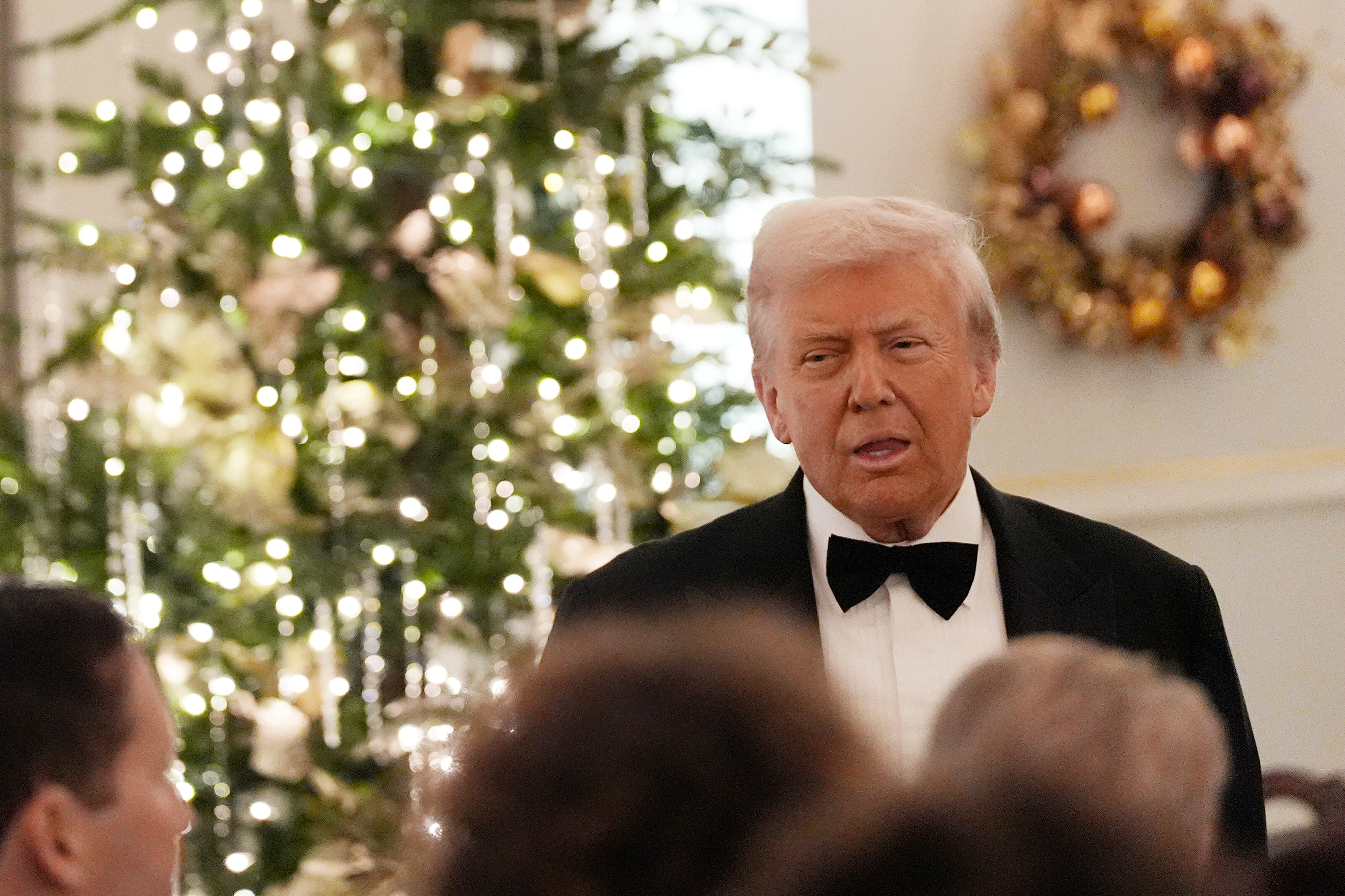 President Donald Trump speaks at a Kennedy Center Honors reception for recipients Sylvester Stallone, George Strait, Kiss, Gloria Gaynor and Michael Crawford at the State Department, Saturday, Dec. 6, 2025, in Washington. (AP Photo/Julia Demaree Nikhinson)