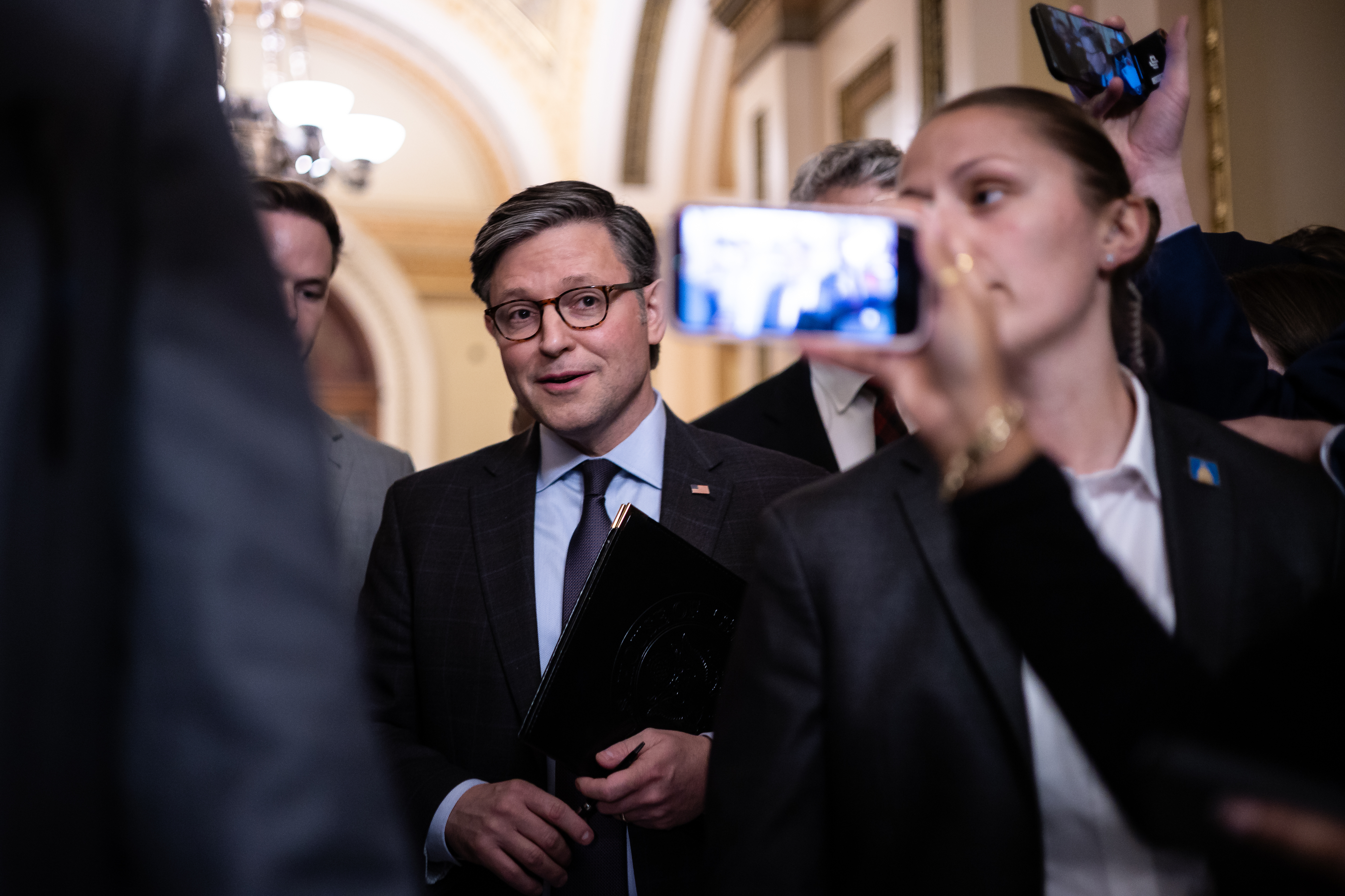 House Speaker Mike Johnson (R-La.) speaks with reporters as he departs a vote at the U.S. Capitol Dec. 3, 2025.