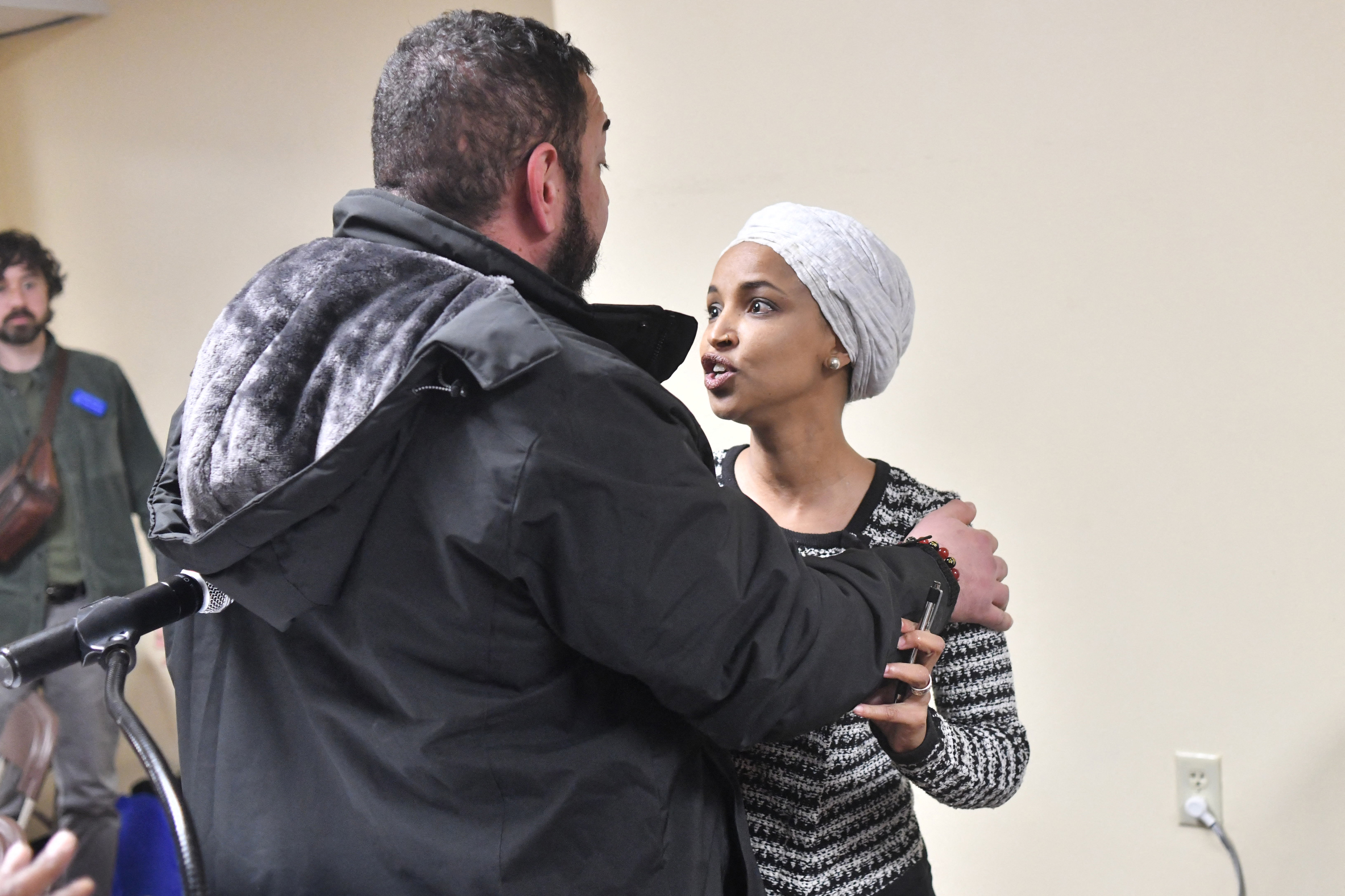 Ilhan Omar sprayed with liquid at Minneapolis town hall