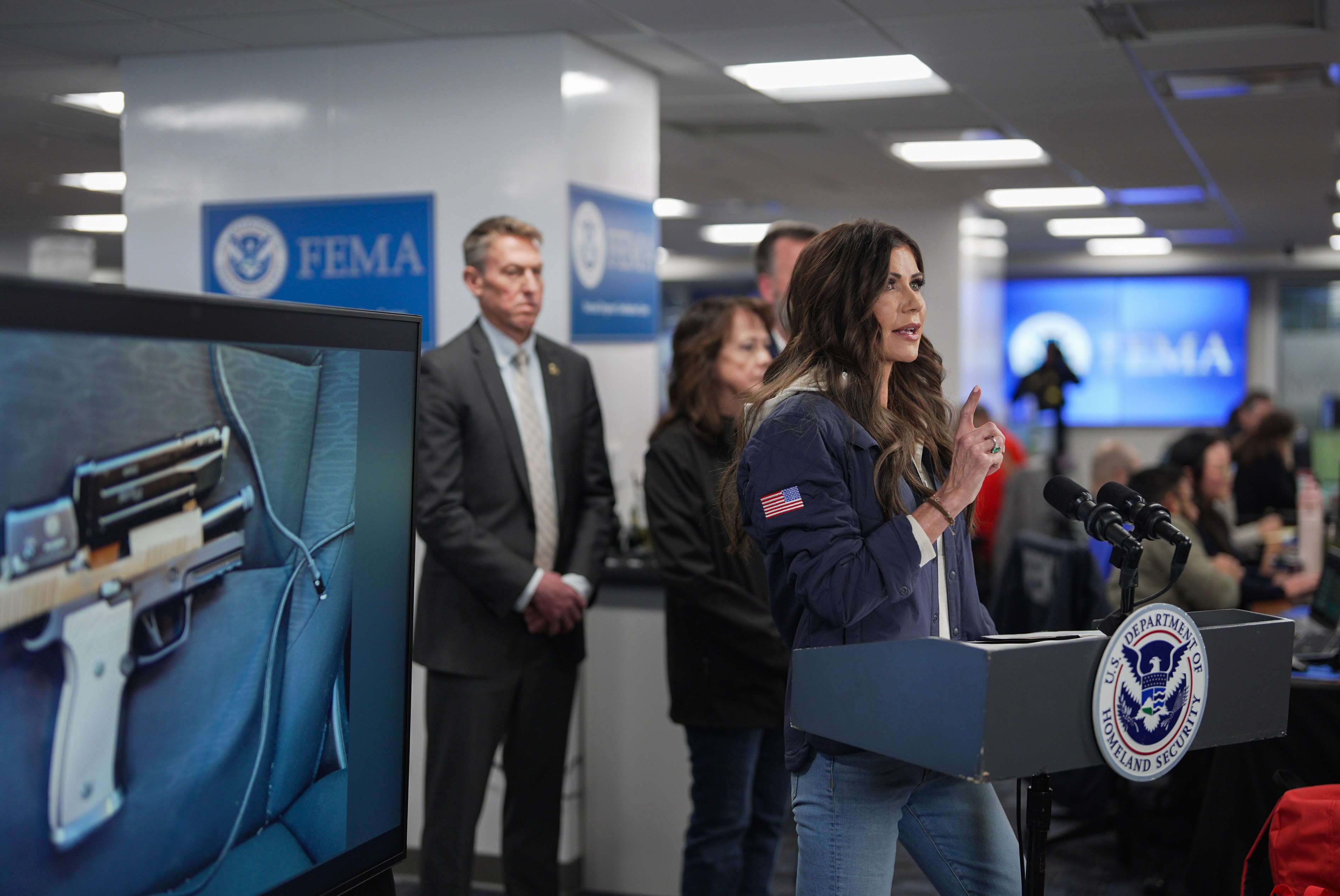 Secretary of Homeland Security Kristi Noem speaks during a news conference in the National Response Coordination Center at the Federal Emergency Management Agency (FEMA) headquarters in Washington, Jan. 24, 2026.
