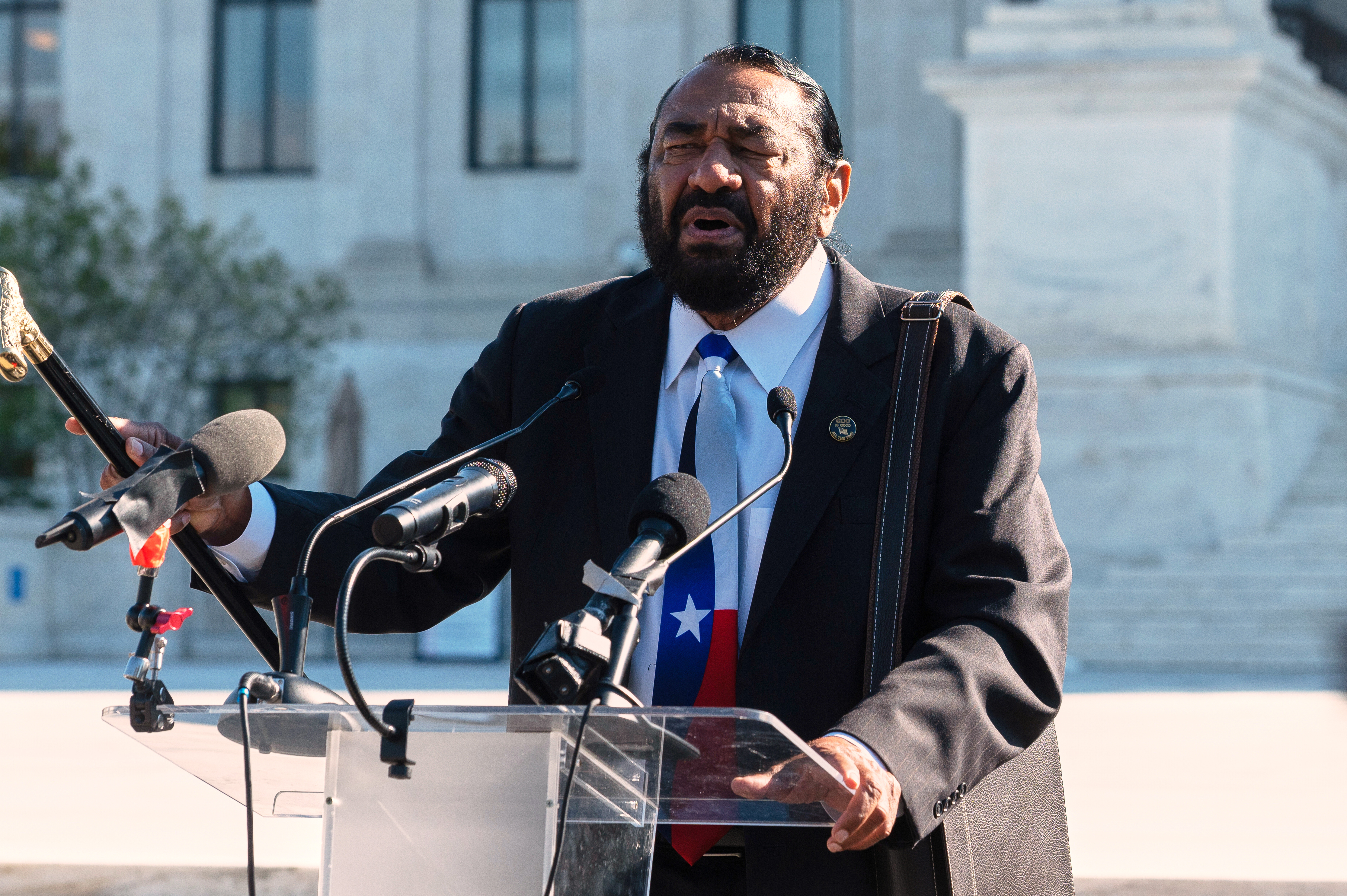 Rep. Al Green (D-Texas) speaks to demonstrators in front of the Supreme Court as the court hearings oral arguments in the Louisiana second majority black Congressional district, in Washington, Oct. 15, 2025. 