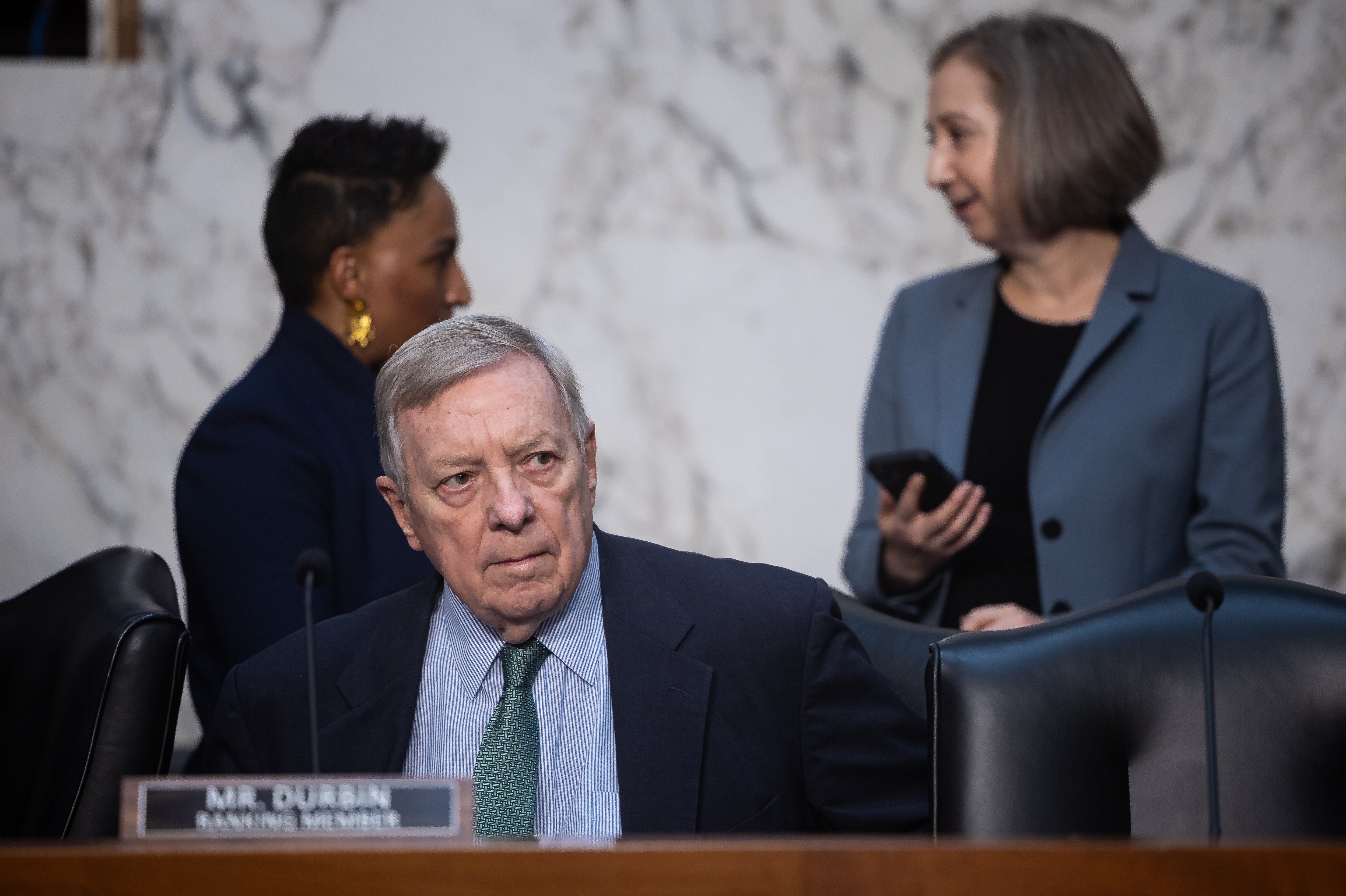 Sen. Dick Durbin (D-Ill.) arrives for a Senate Judiciary Committee hearing on Capitol Hill, on Oct. 7, 2025.