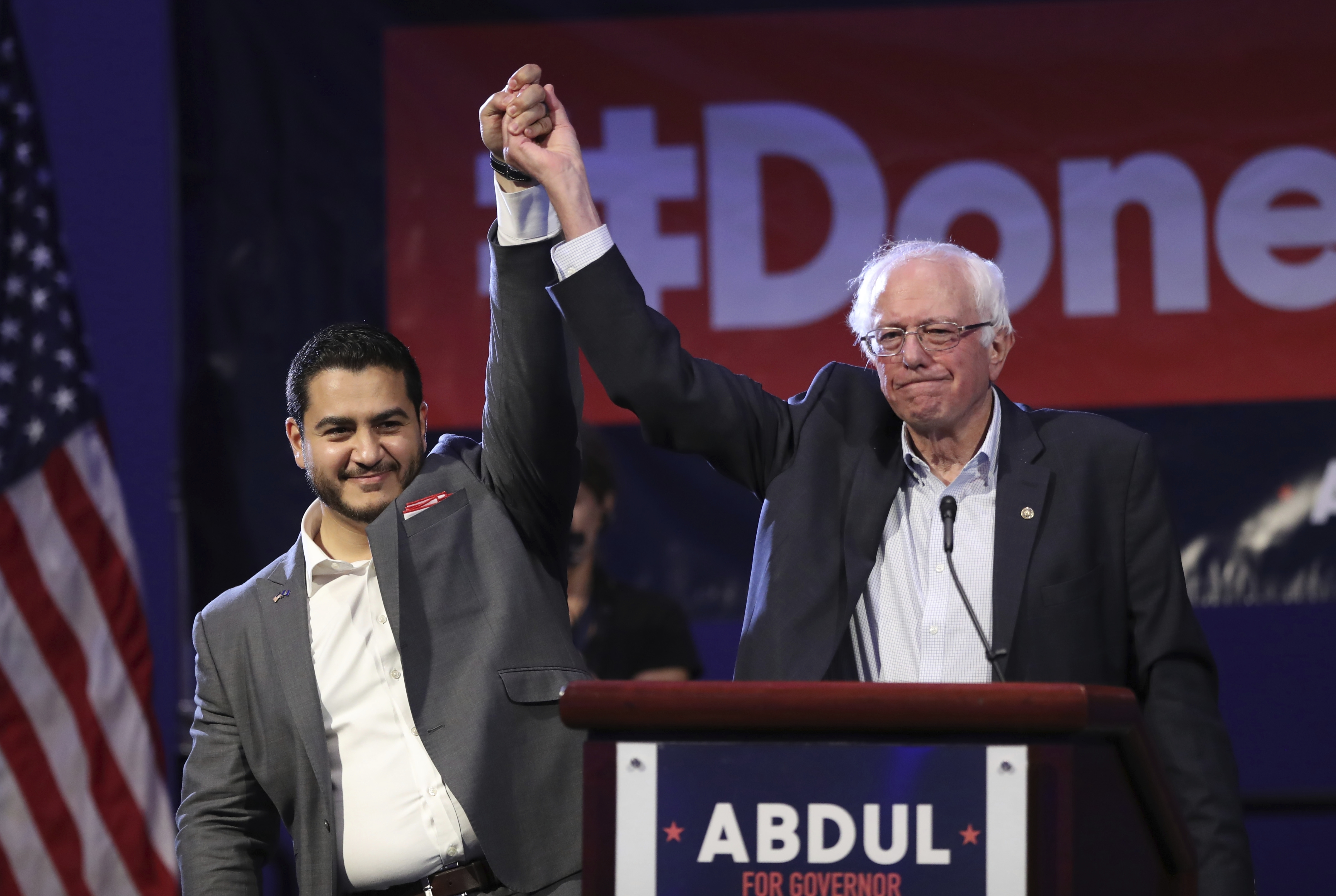 Abdul El-Sayed, left, is running with the support of progressives such as Sen. Bernie Sanders, who also supported him in his 2018 run for governor.