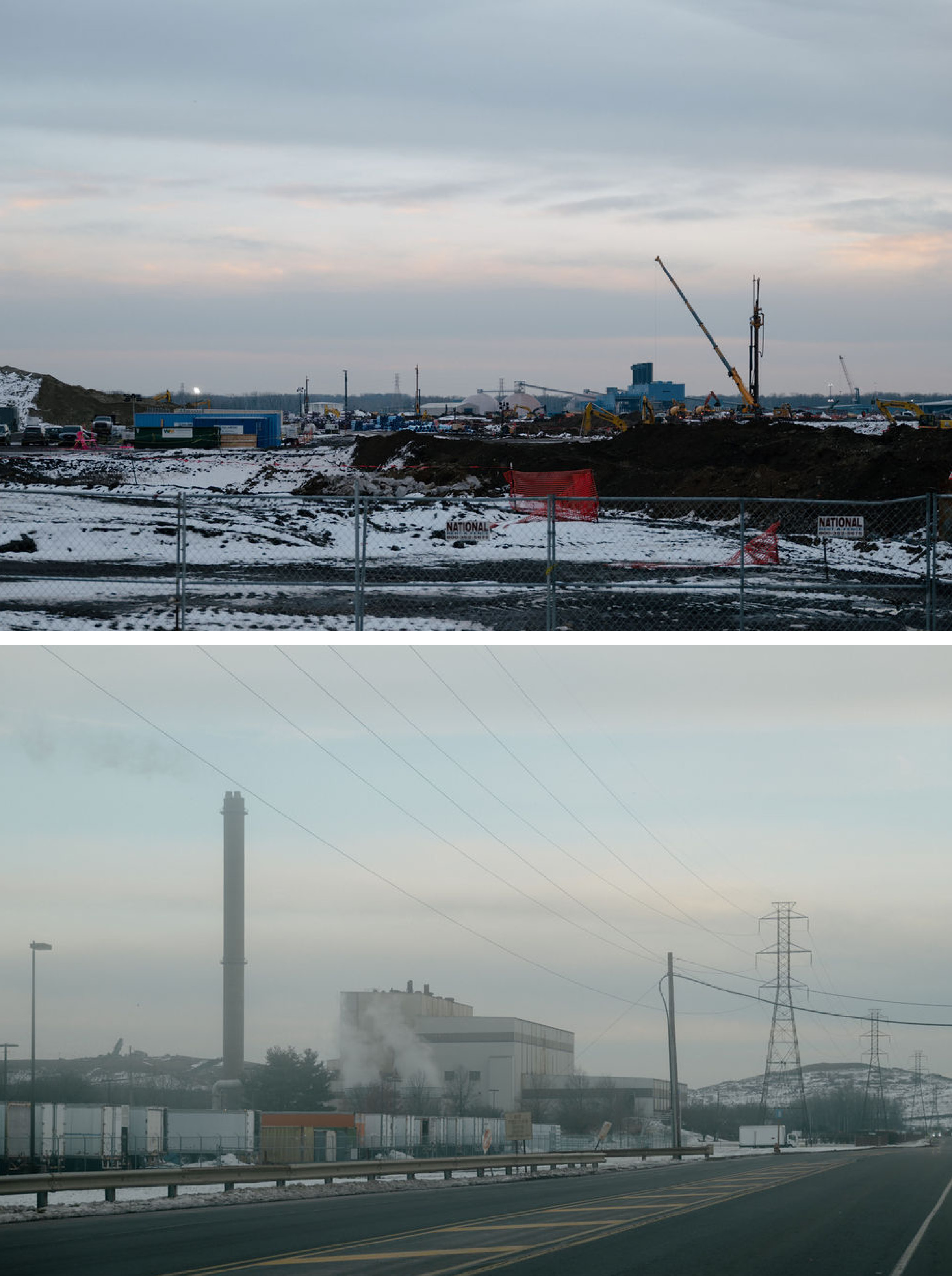 Top: Construction of the future Amazon data center site, in Fairless Hills. Bottom: An industrial facility near the same site, in Morrisville.