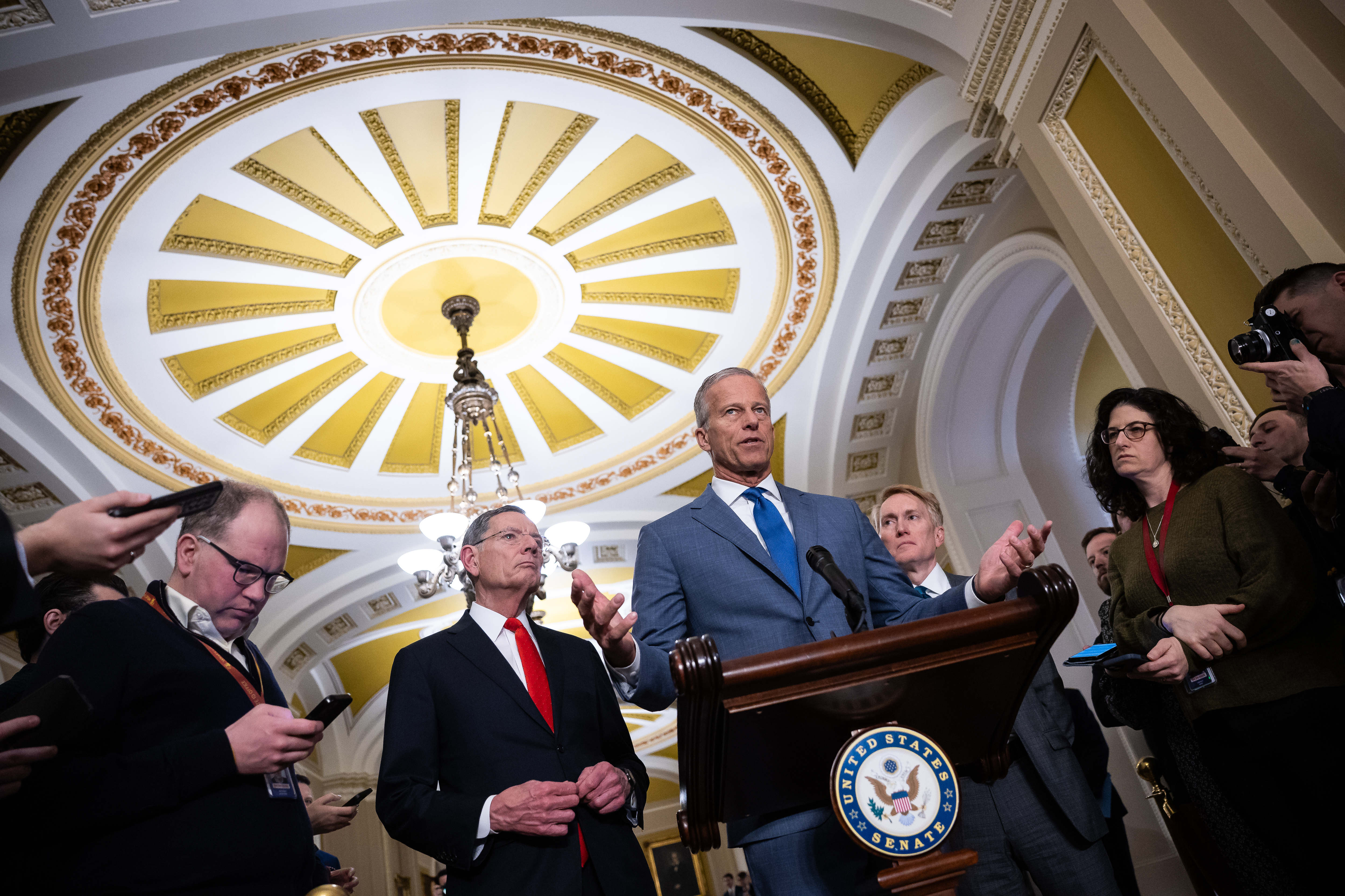 Senate Majority Leader John Thune (R-S.D.) speaks alongside Sens. John Barrasso (R-Wyo.) and James Lankford (R-Okla.) during a press conference at the U.S. Capitol, on Feb. 25, 2026.