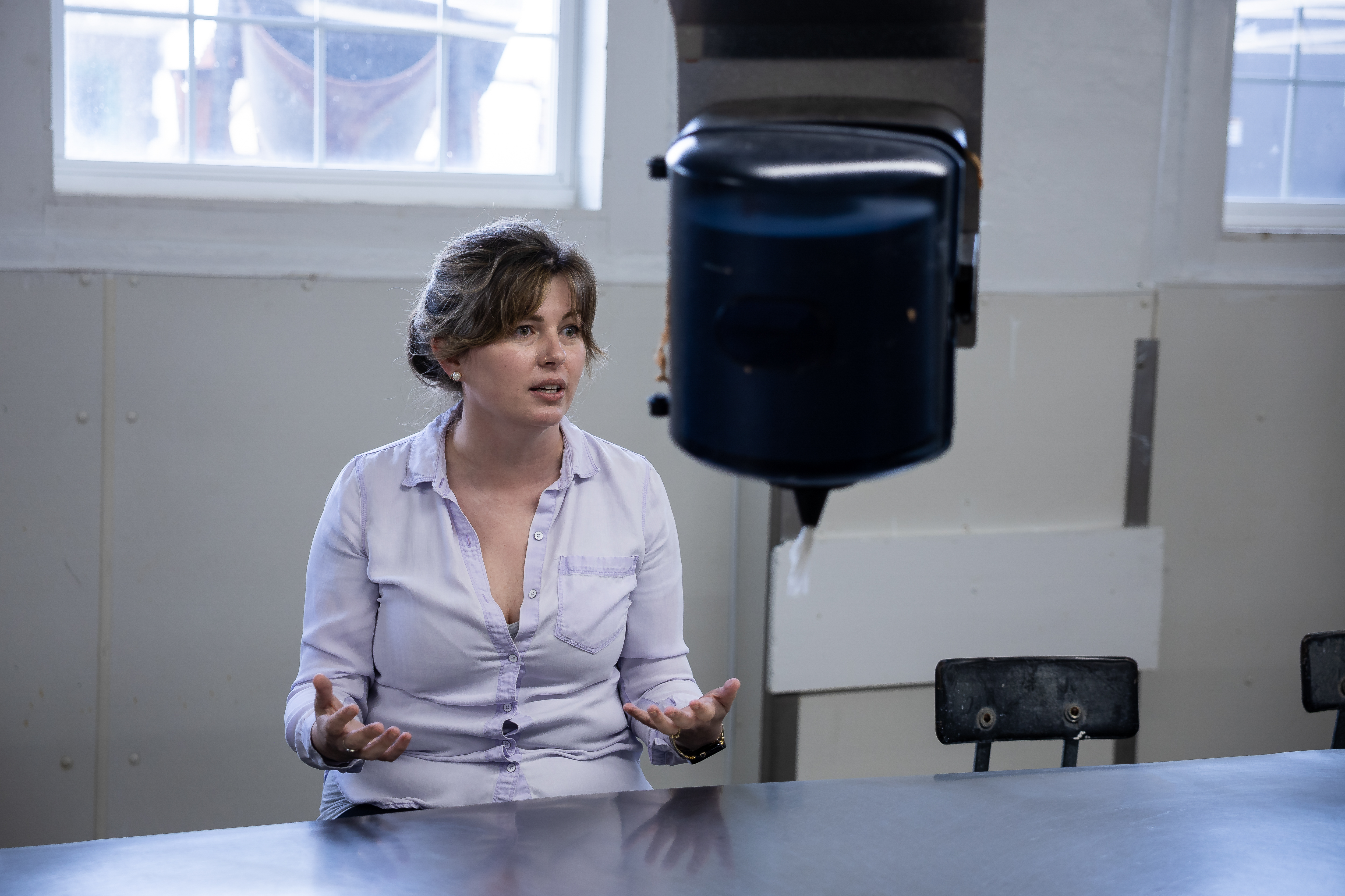 Aubrey Vincent, owner of Lindy’s Seafood, speaks during a tour of the J.M. Clayton Company's crab processing plant on March 30.