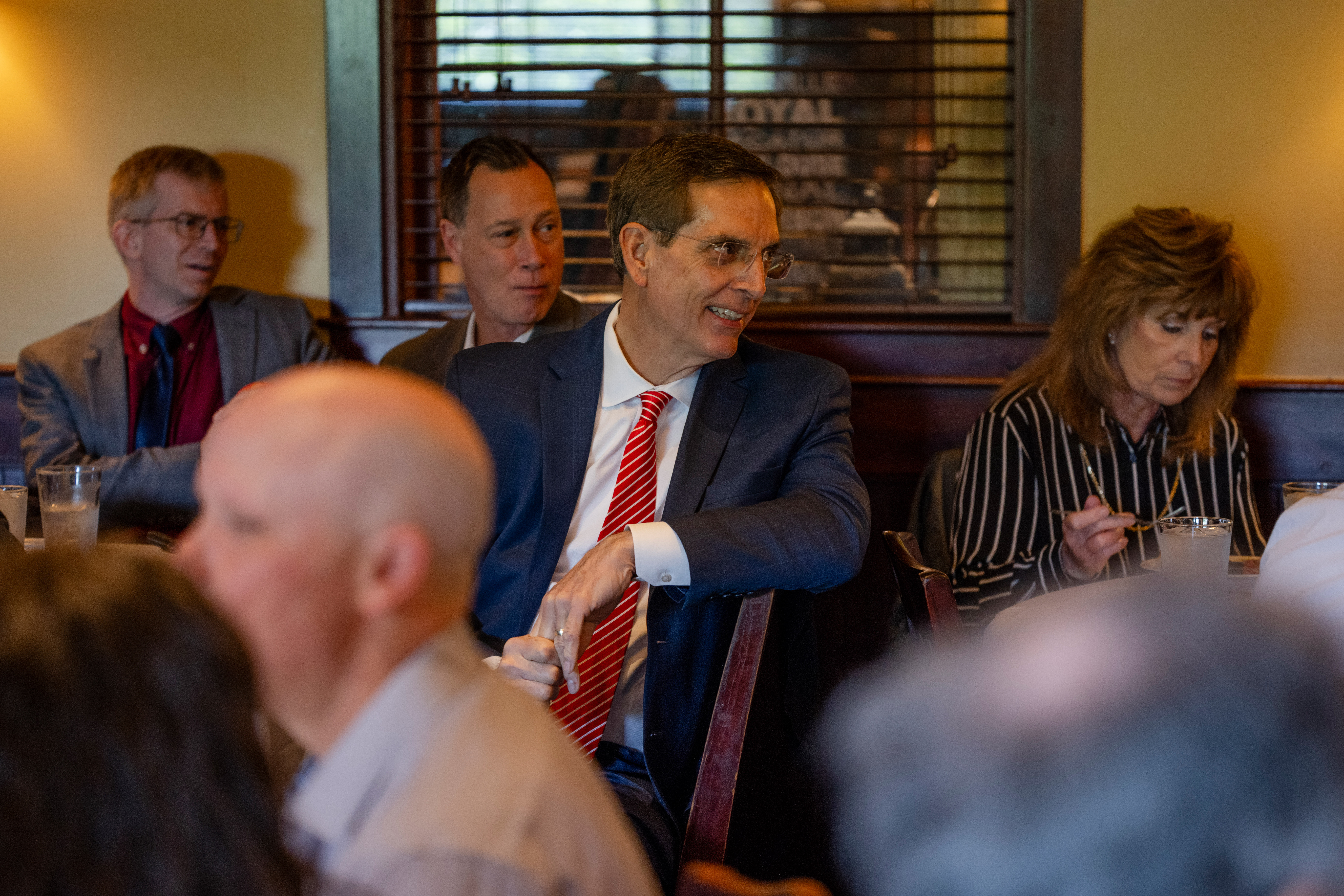 Georgia gubernatorial candidate Brad Raffensperger looks on at a campaign event with the Vinings Rotary Club at a Copeland’s of New Orleans in Atlanta, on April 8.