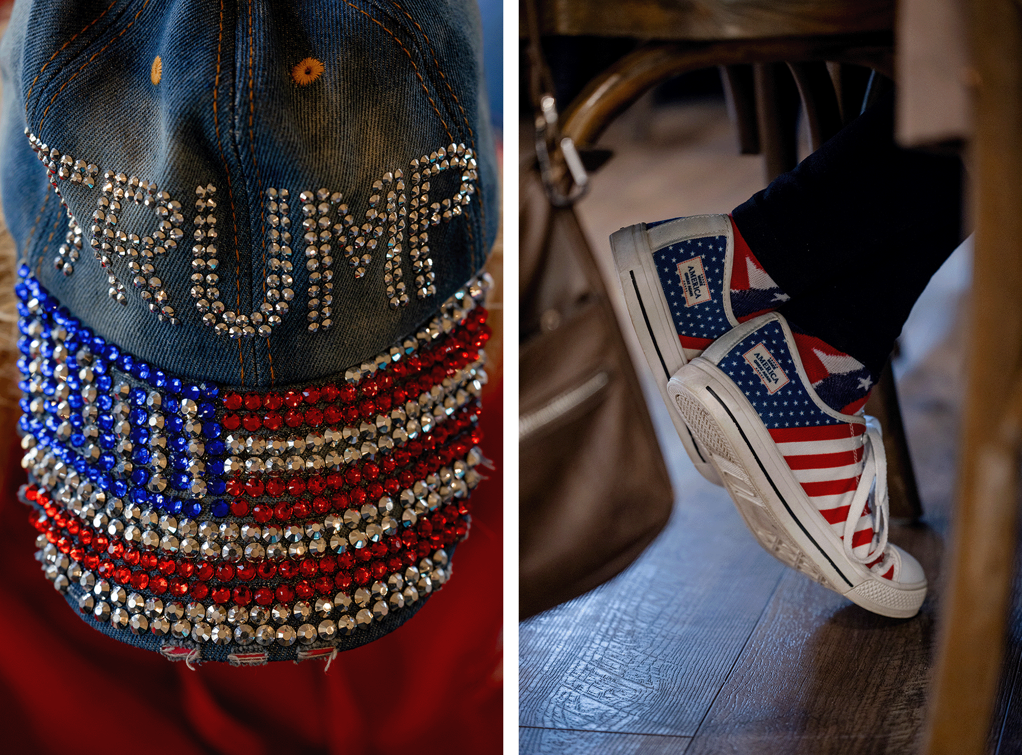 At the Jackson event in Homer, Norine Cantor, a resident of Flowery Branch (left), wore a bedazzled Trump hat. Debbie Loveless (right) donned a pair of MAGA shoes.
