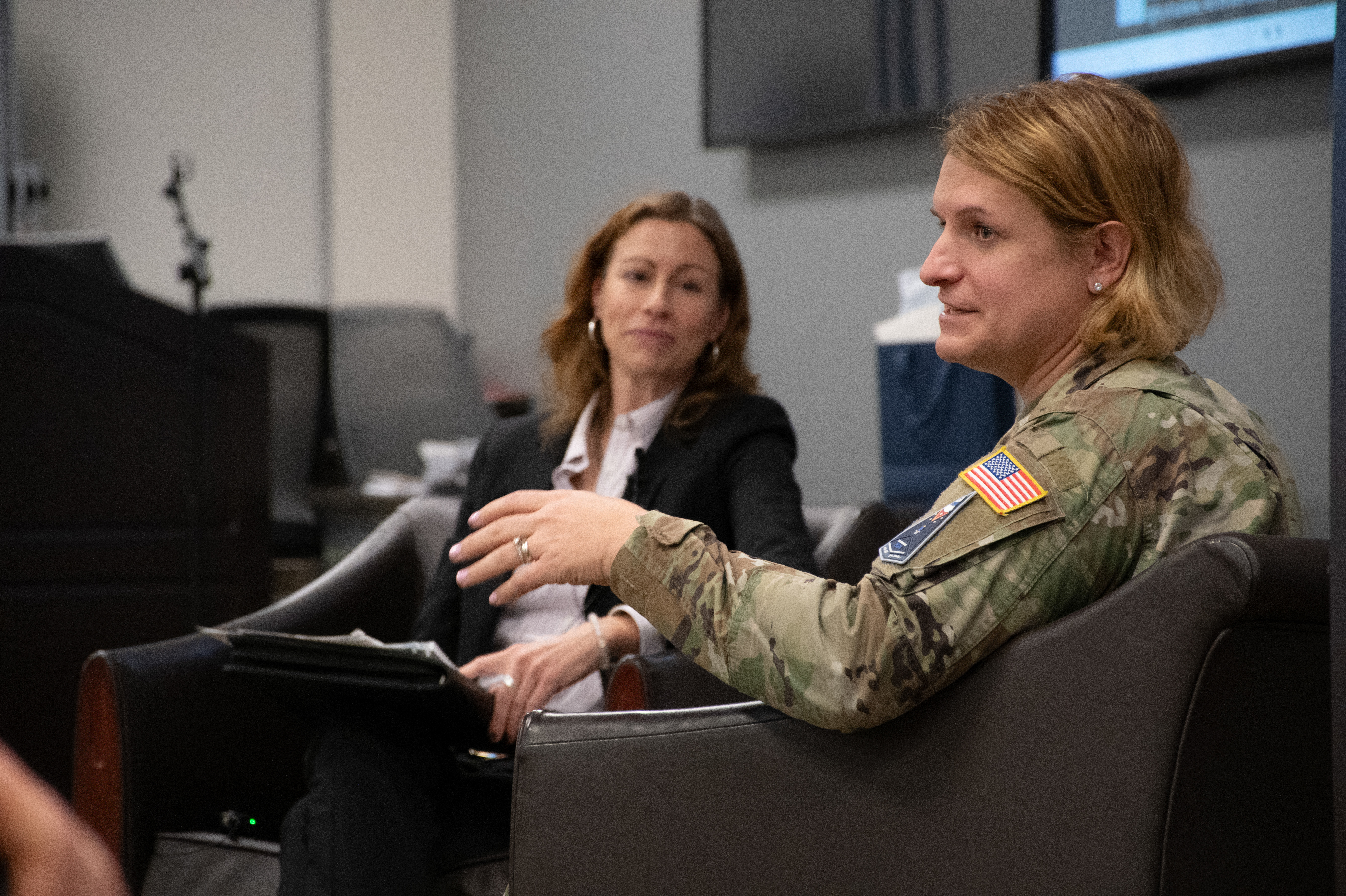 Fram speaks about overcoming challenges to serve in the military during an interview as part of a Defense Counterintelligence and Security Agency speaker series in Quantico, Virginia, on Dec. 19, 2024.