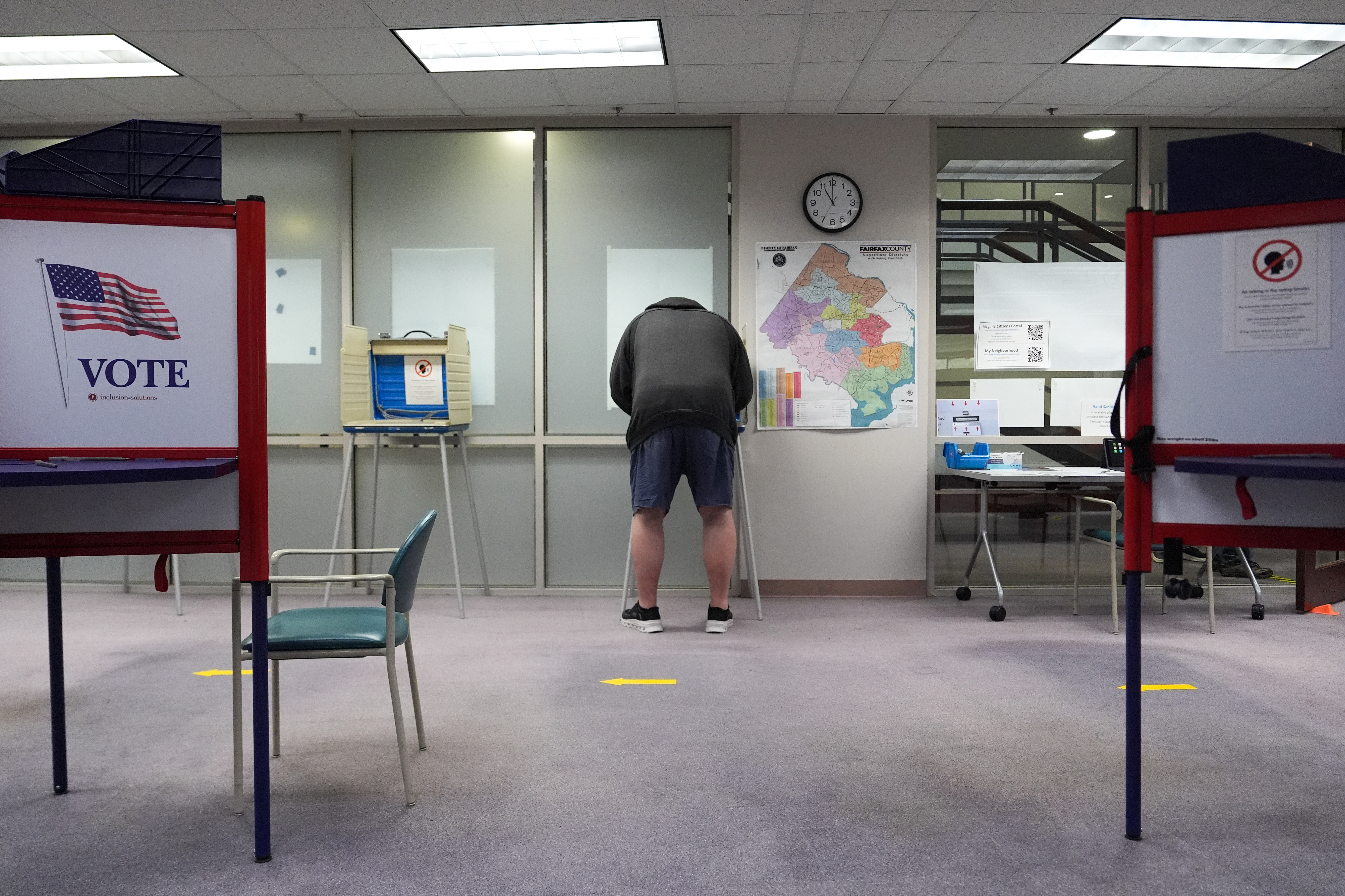 A person early votes in the Virginia redistricting referendum at the Fairfax County Government Center in Fairfax, Virginia, on April 3, 2026.