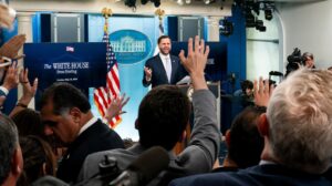Vance follows Rubio’s raucous briefing with subdued performance