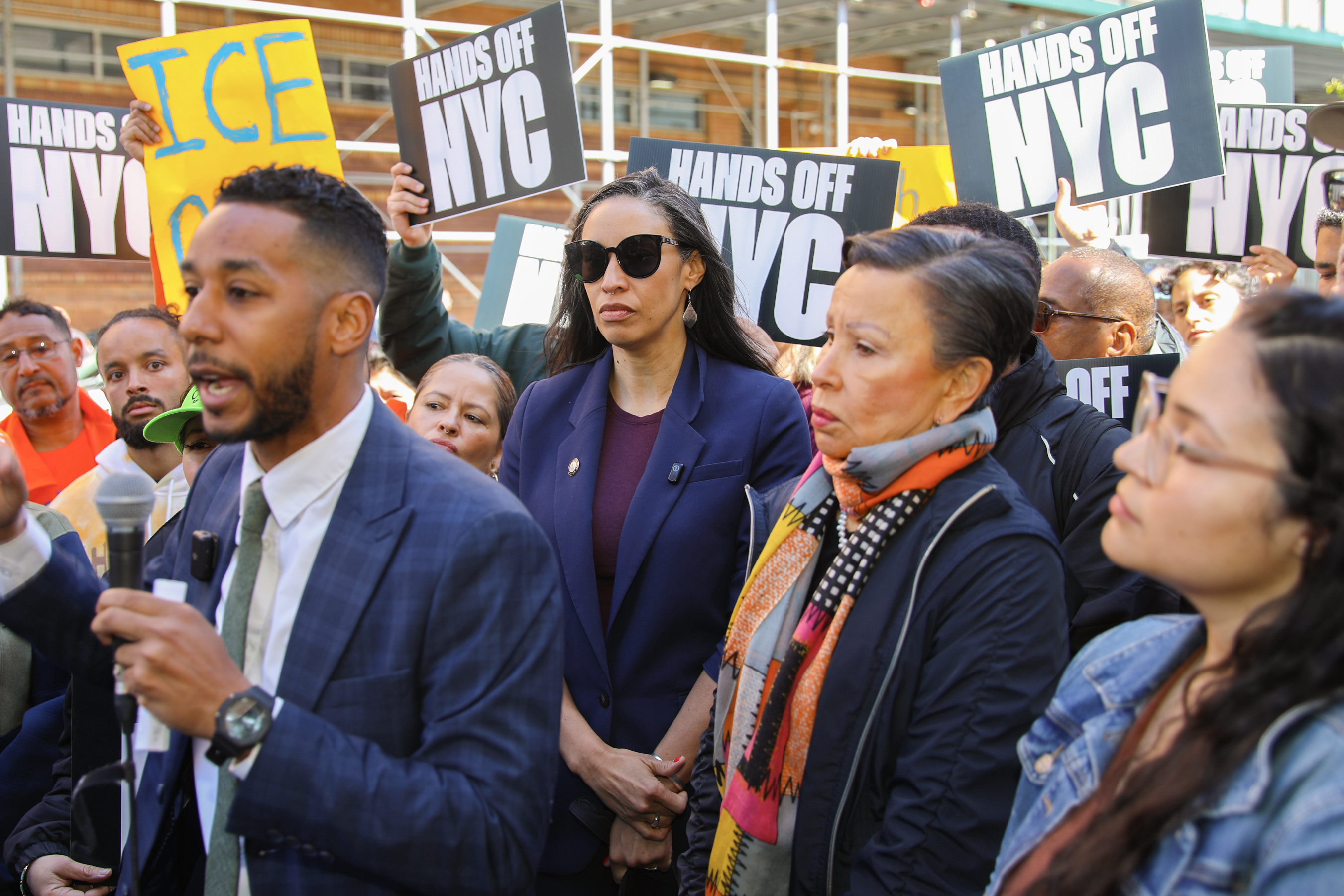 Brooklyn Borough President Antonio Reynoso (left), Council Member Sandy Nurse (middle), and Rep. Nydia Velázquez (right) held a rally on Monday accusing NYPD of coordination with federal immigration enforcement. 