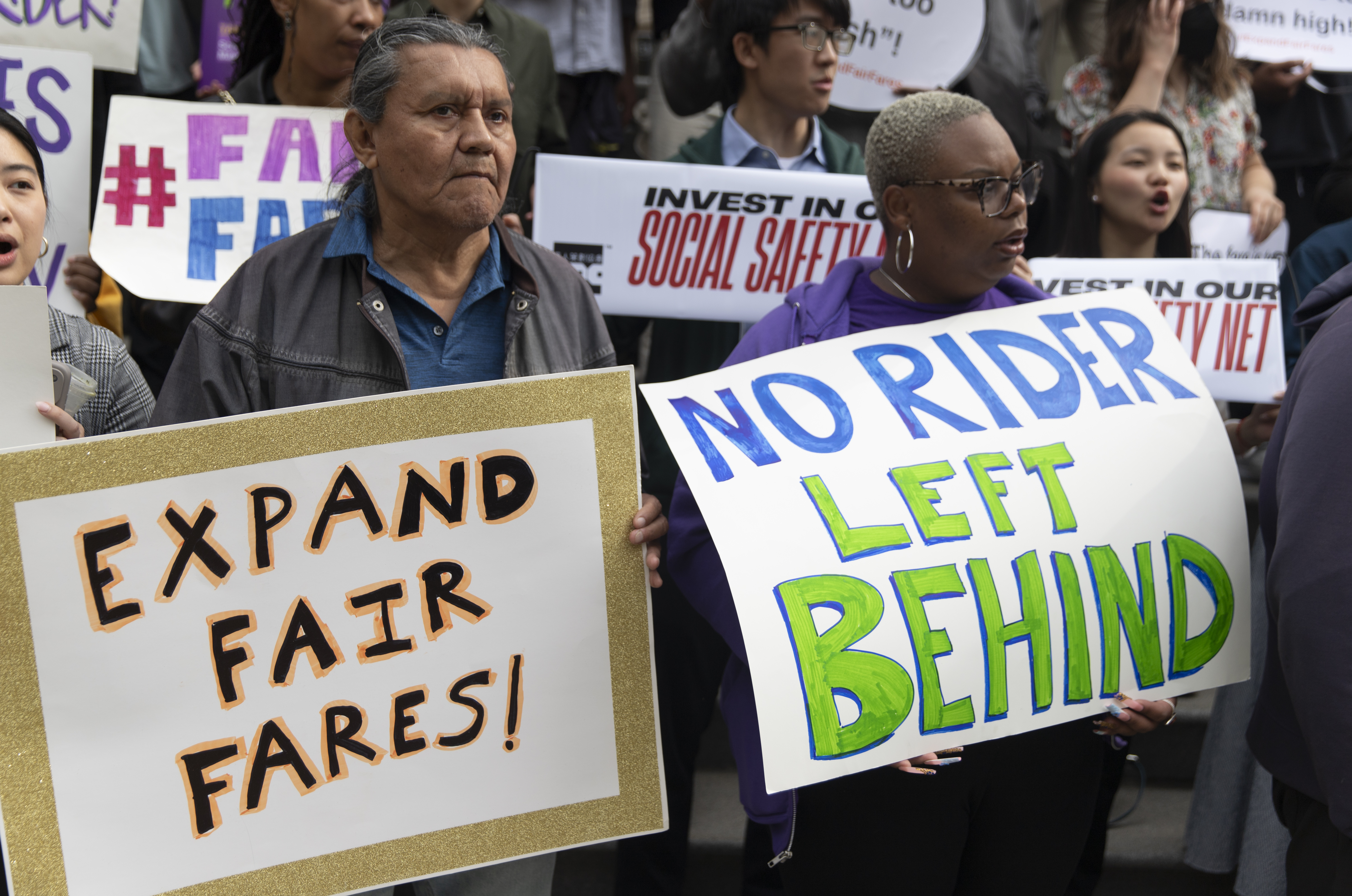 New York City Council members hosted a rally with advocates in support of Fair Fares last May. 