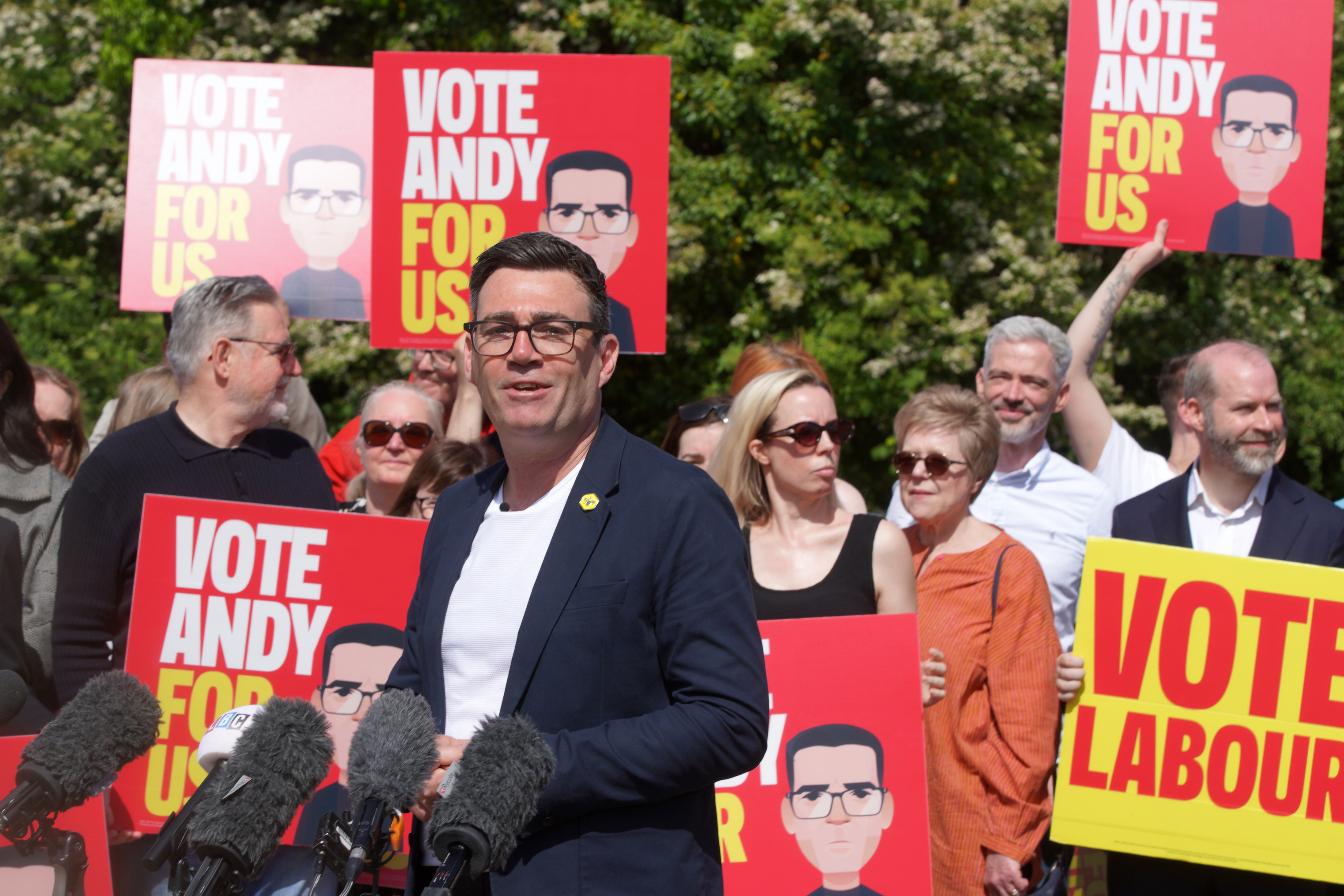 Andy Burnham stands in front of supporters during the launch of his campaign as Labour’s candidate for the Makerfield by-election.