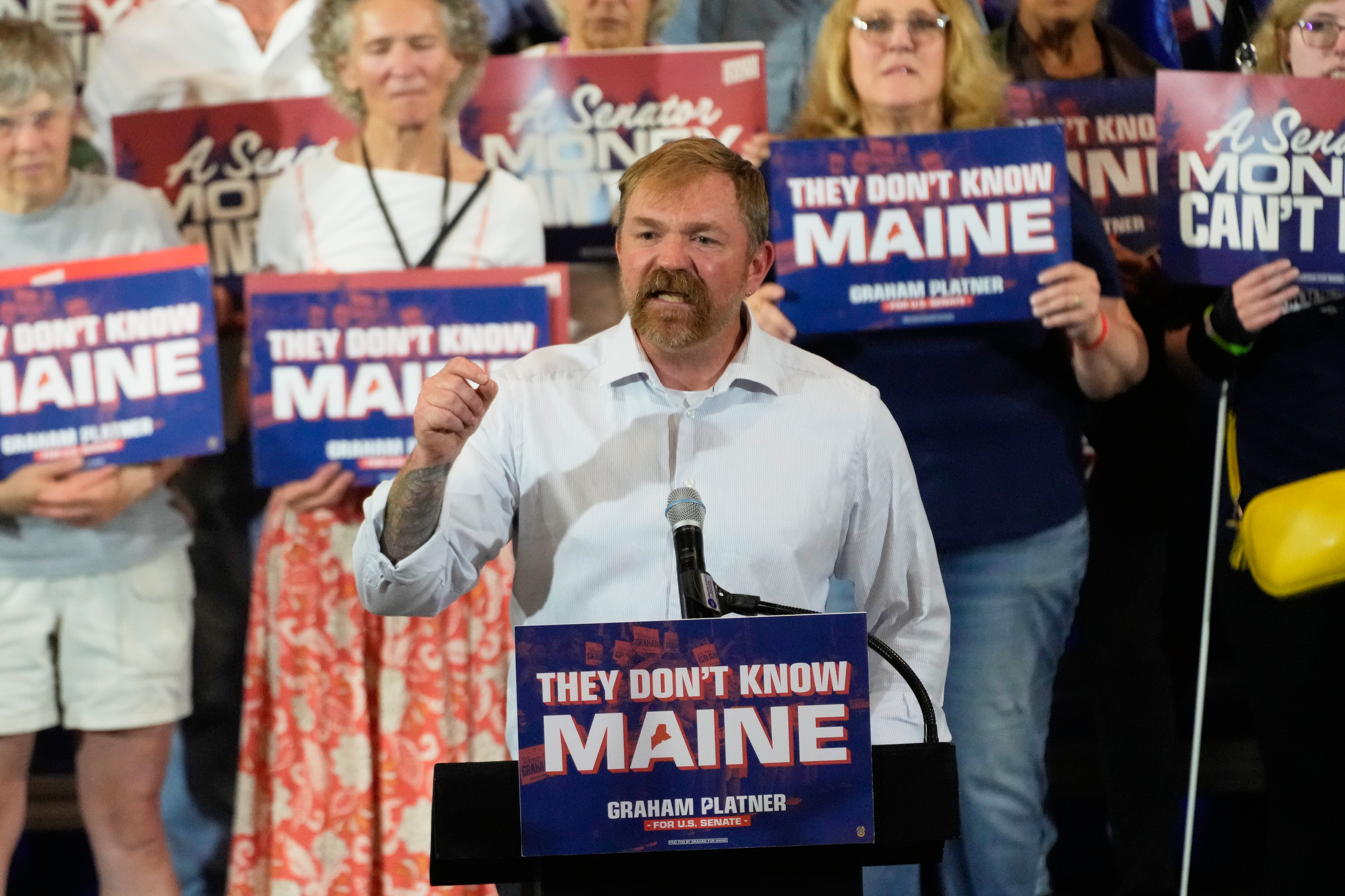 Democratic Senate candidate Graham Platner speaks during a primary election night watch party on June 9, 2026, in Blue Hill, Maine. 