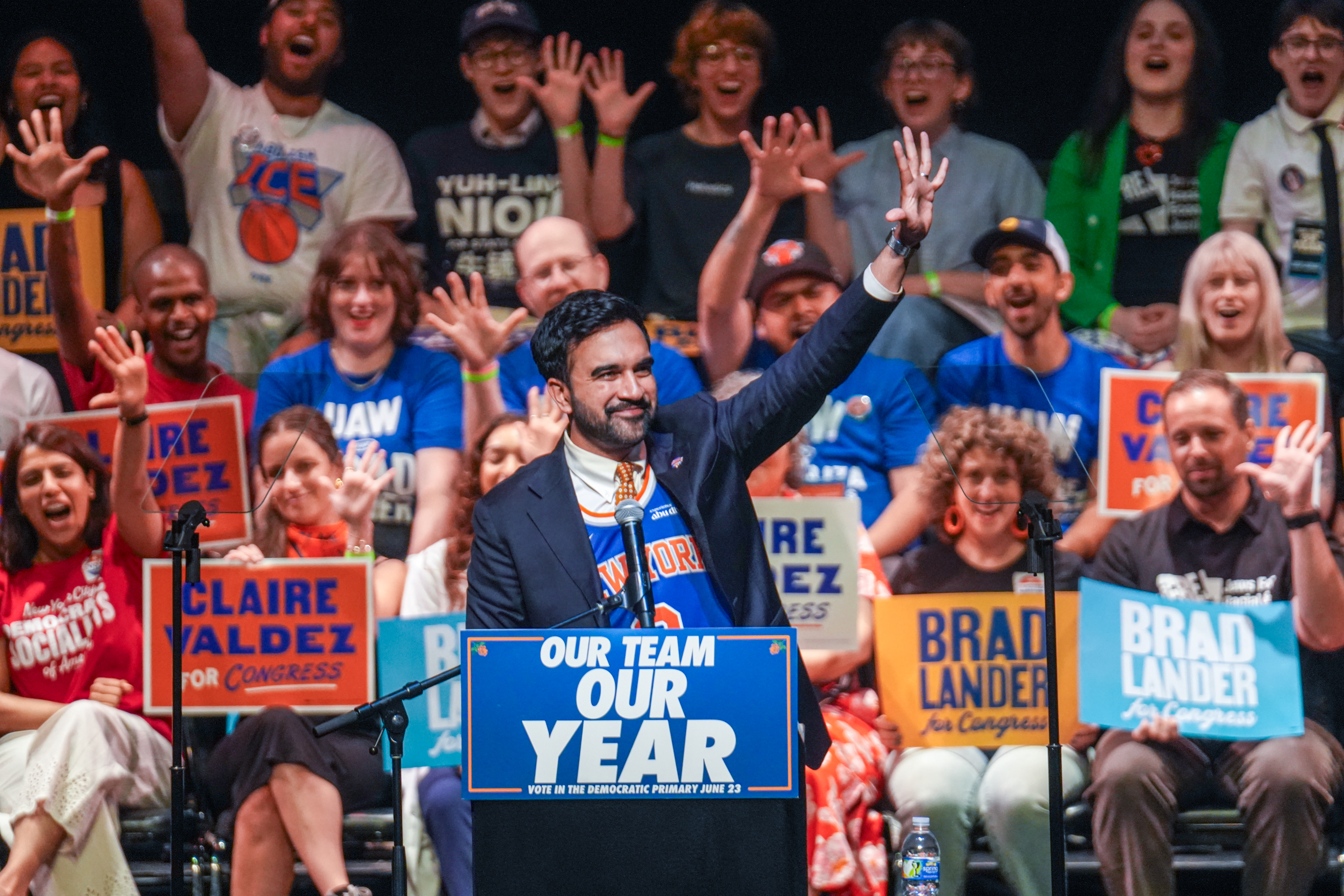 Mayor Zohran Mamdani at the Get Out The Vote rally on June 18, 2026, with his endorsed congressional candidates.