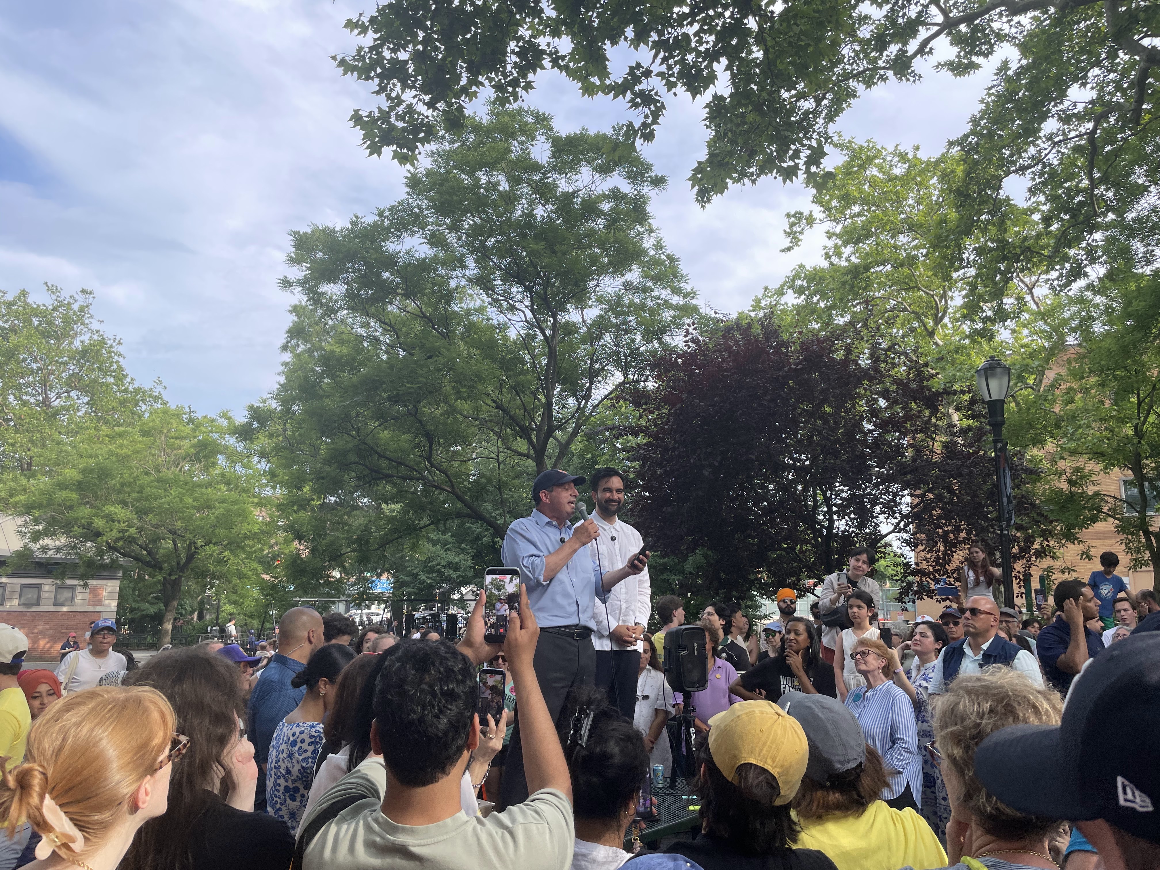 Former New York City Comptroller Brad Lander and Mayor Zohran Mamdani rally in Brooklyn on June 14, 2026.