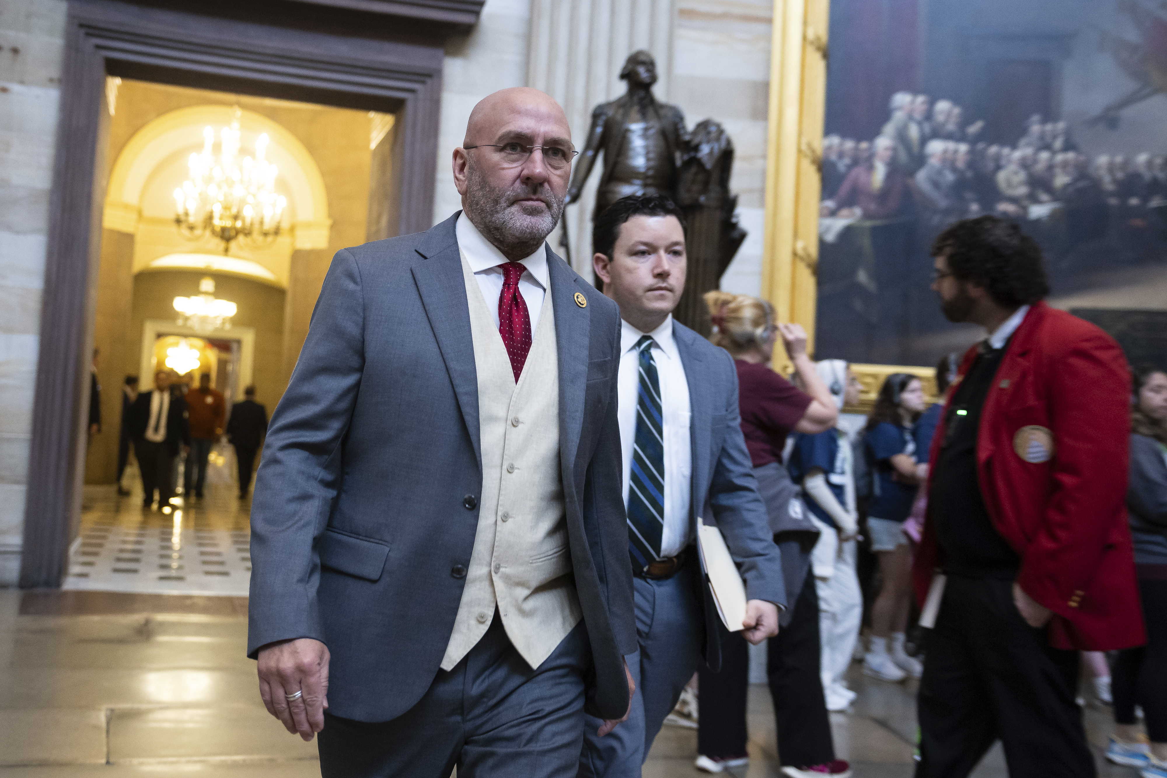 Rep. Clay Higgins (R-La.), a House impeachment manager, walks to the Senate chamber for proceedings on the impeachment of Homeland Security Secretary Alejandro Mayorkas at the U.S. Capitol April 17, 2024.