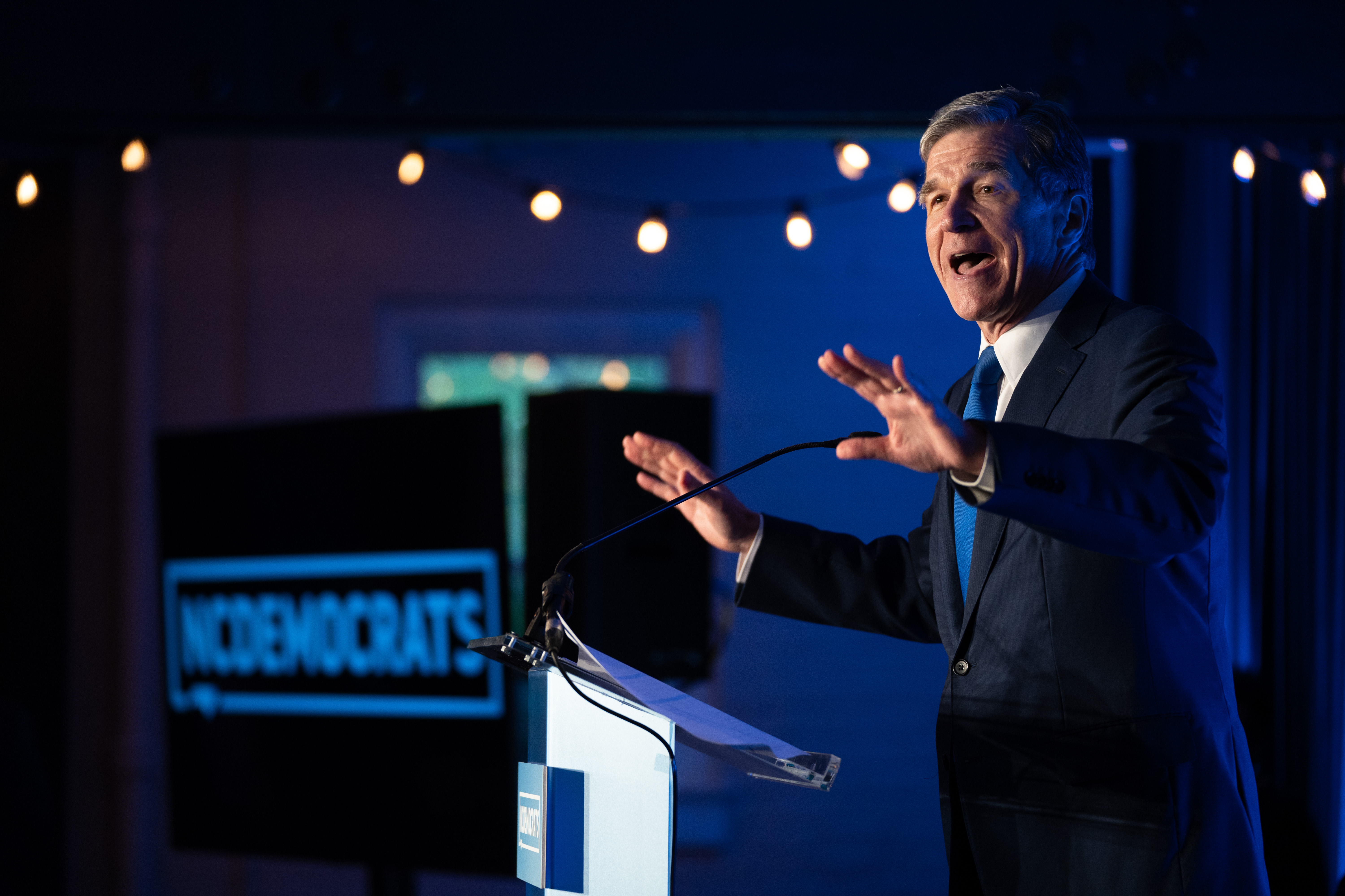 Then-North Carolina Gov. Roy Cooper speaks to the crowd during an event in May 17, 2022, in Raleigh.