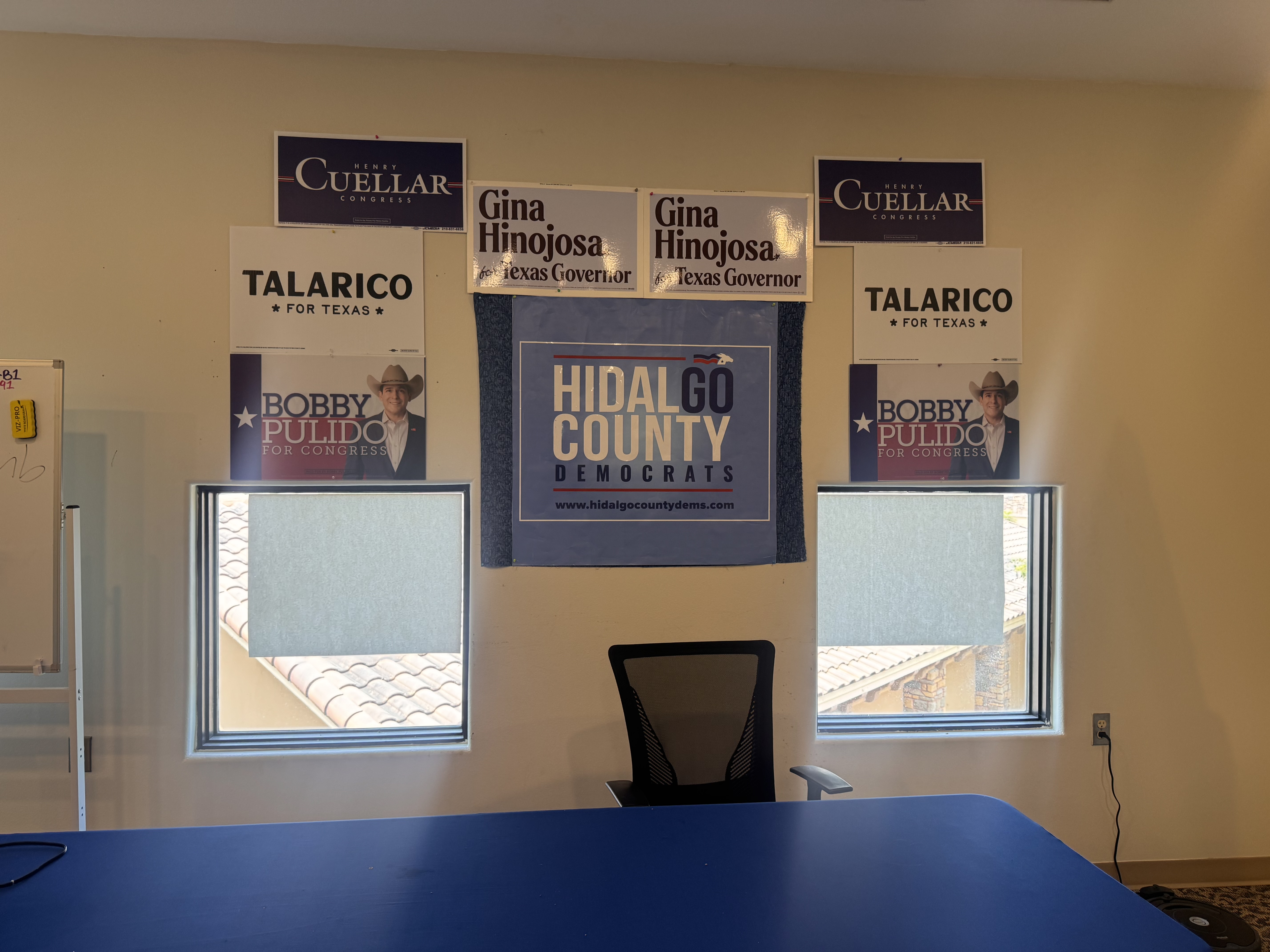 Campaign signs are seen in the Hidalgo County Democrats' office.