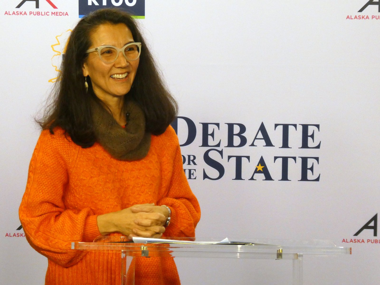 Democrat Mary Peltola smiles ahead of a debate with Republican U.S. Sen. Dan Sullivan in Alaska's Senate race in Anchorage, Alaska, on Oct. 15, 2026.