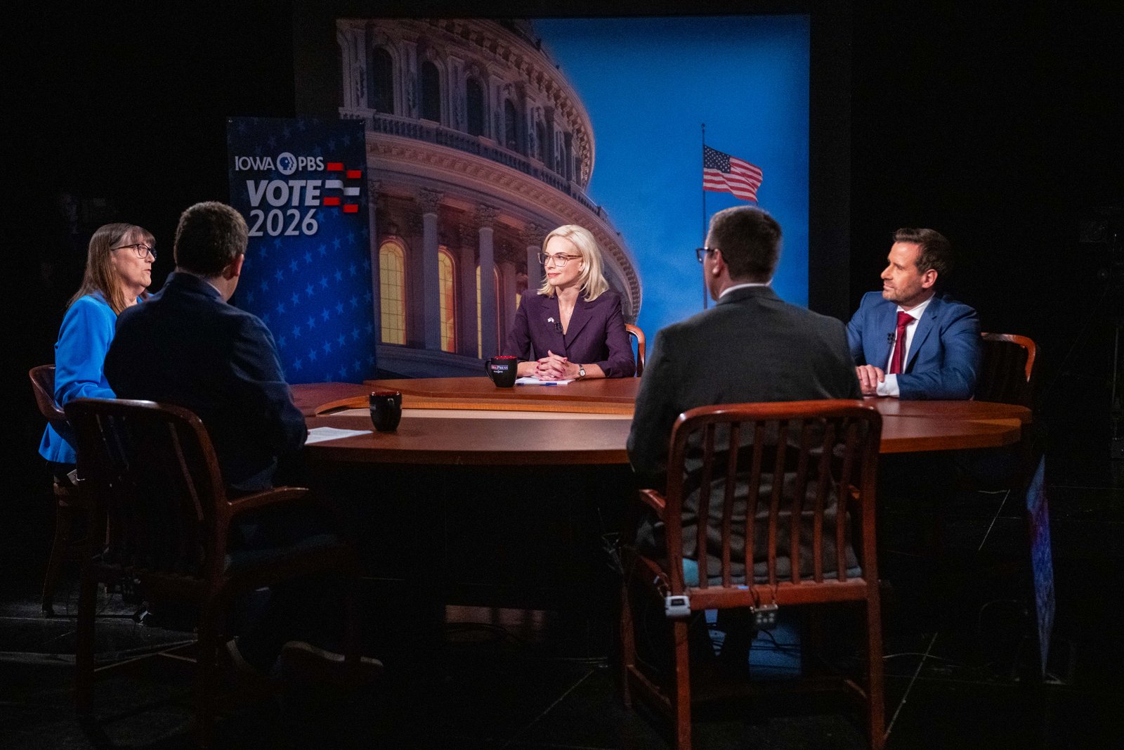 Senate candidates Rep. Ashley Hinson, R-Iowa, and Rep. Josh Turek, D-Council Bluffs, take questions during a debate in Johnston, Iowa, on Oct. 7, 2026.