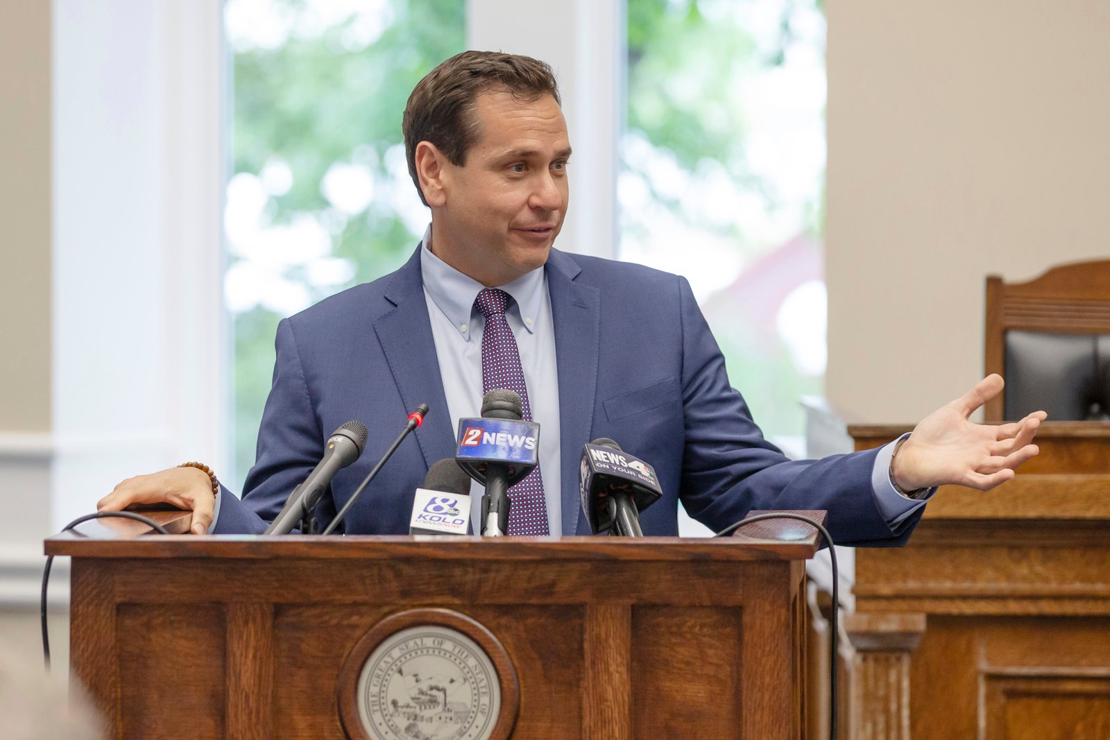 Nevada Secretary of State Cisco Aguilar speaks before Gov. Joe Lombardo signs an election worker protection bill into law at the old Assembly Chambers in Carson City, Nev., May 30, 2023. 