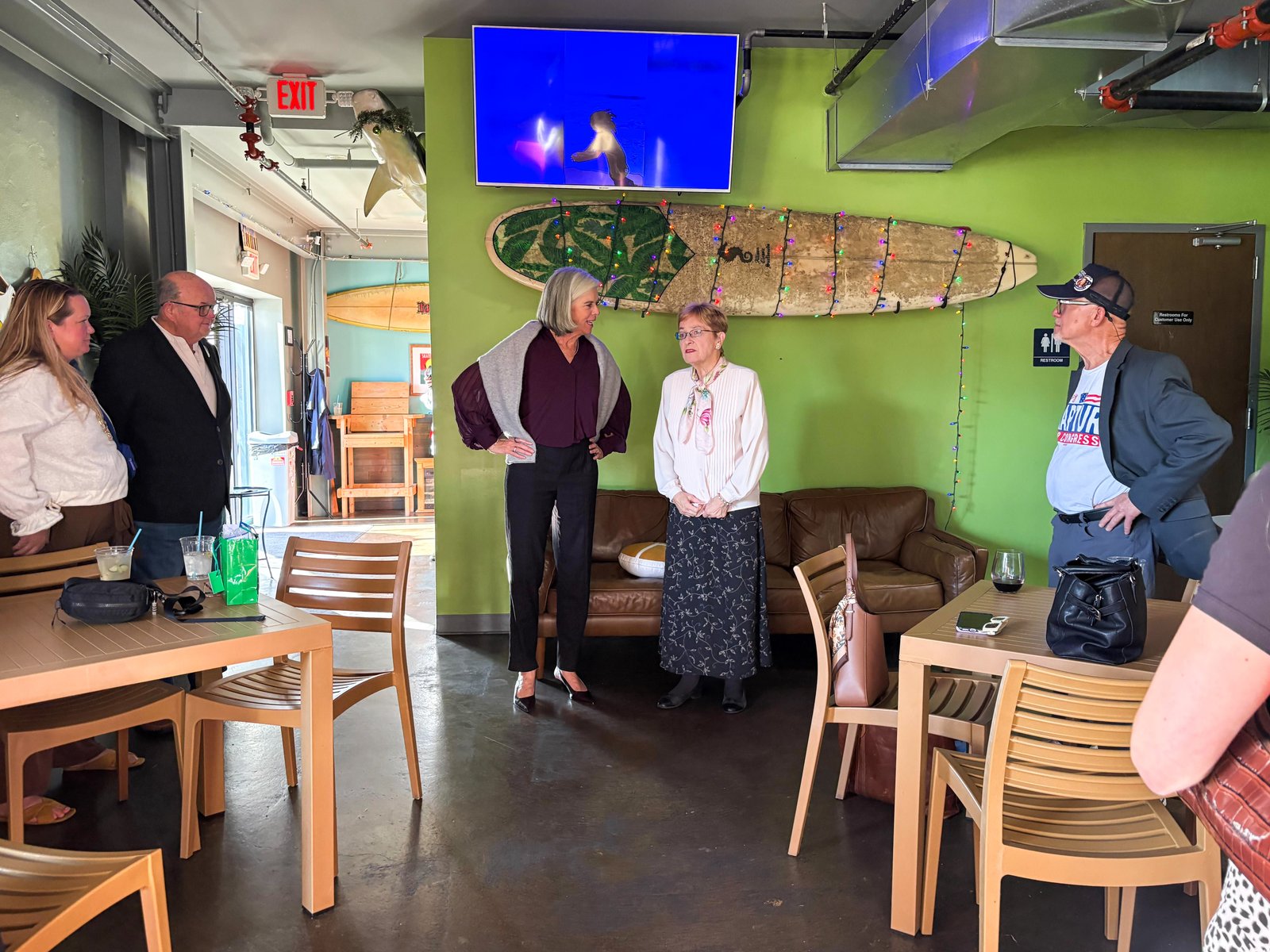 Rep. Katherine Clark (D-Ohio) attends a campaign event with Rep. Marcy Kaptur (D-Ohio) at a lakeside surf bar in Sandusky, Ohio, on Oct. 9, 2026.