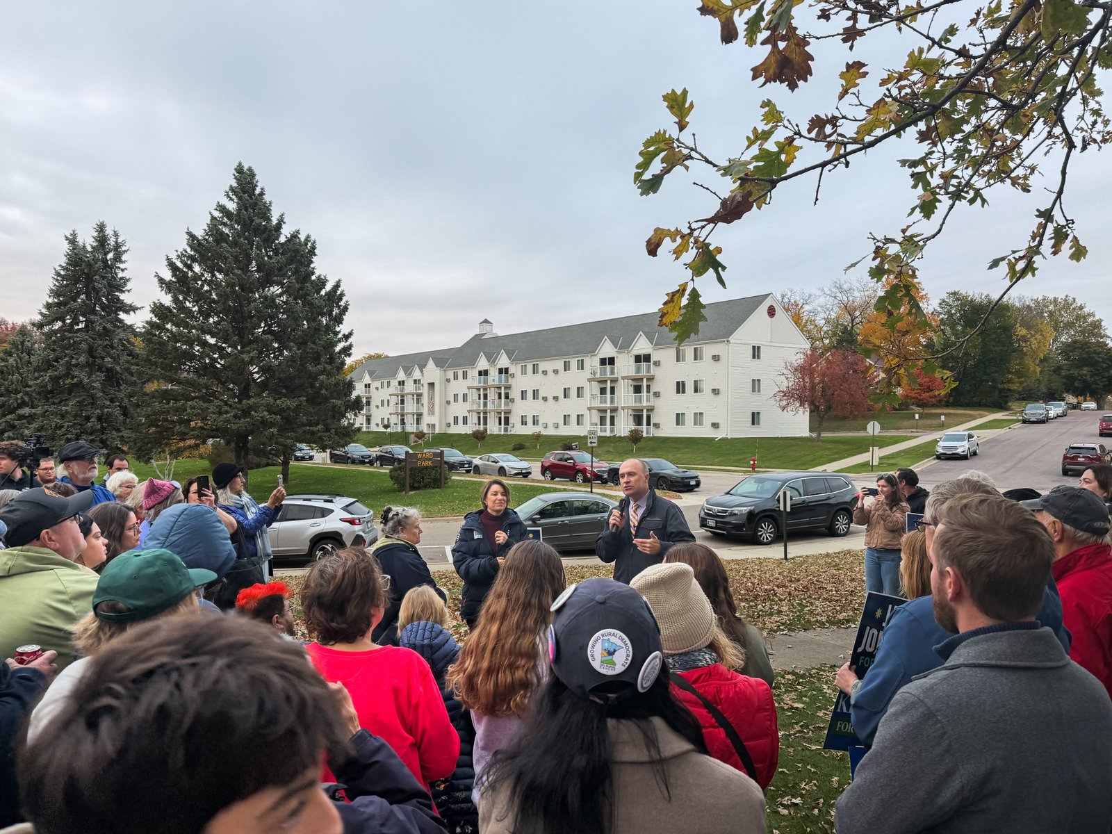 Democratic House candidate Jake Johnson speaks during a campaign event with Sen. Amy Klobuchar (D-Minn.), who’s now running for governor, at a park in Fairmont, Minnesota, on Oct. 25, 2026.