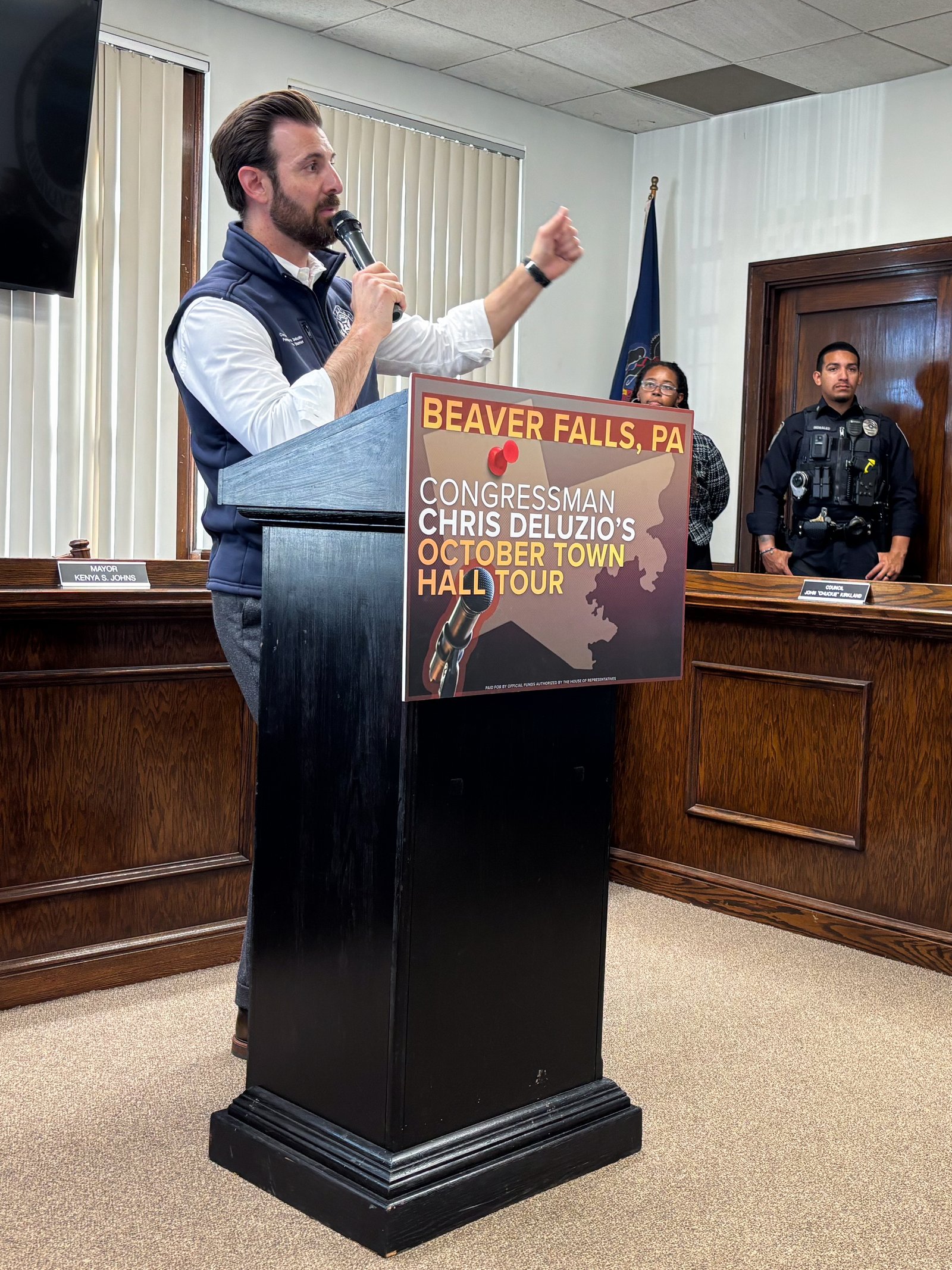 Deluzio speaks during a town hall in Beaver Falls, Pennsylvania, on Oct. 17.