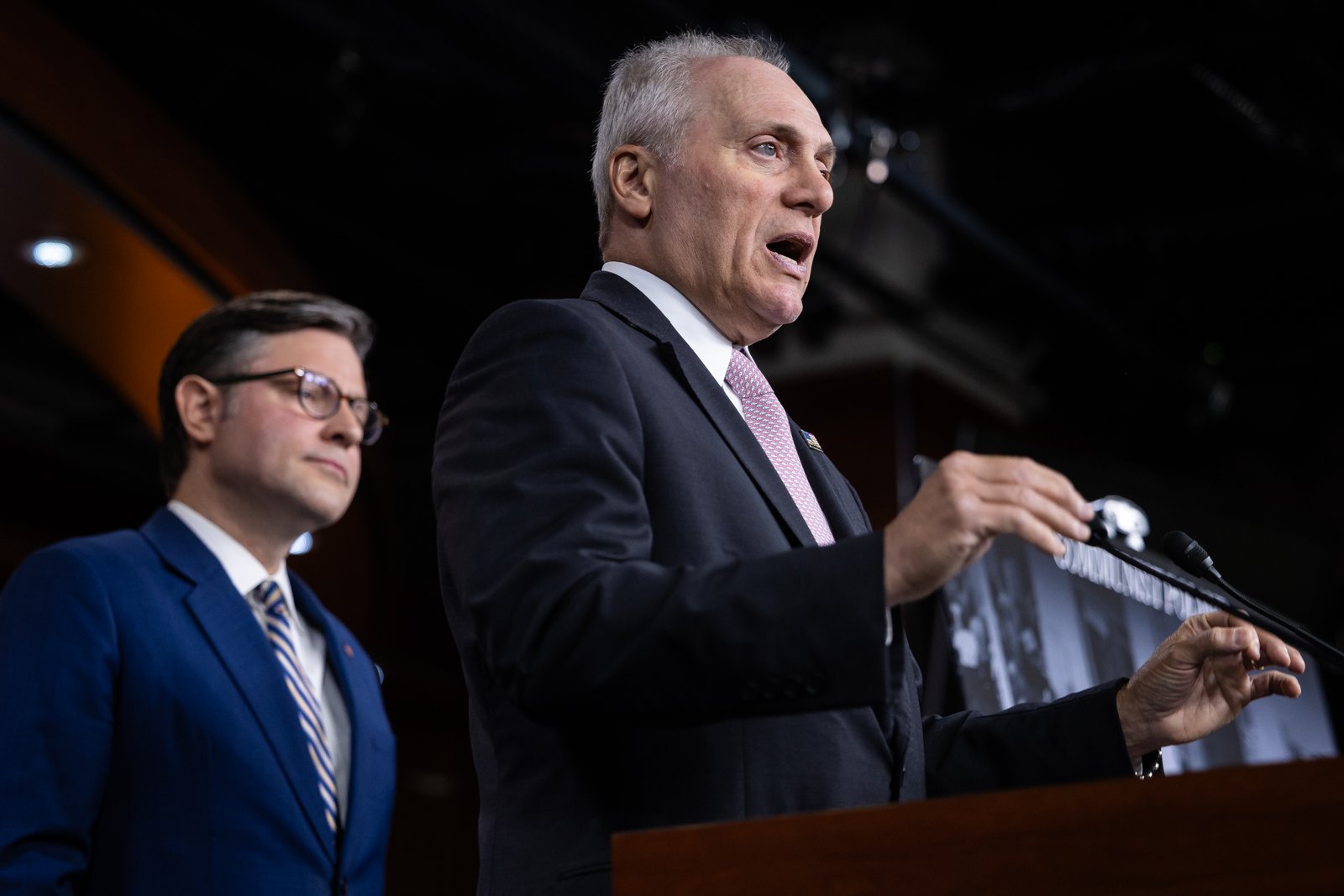 House Majority Leader Steve Scalise (R-La.) speaks alongside House Speaker Mike Johnson (R-La.) during a press conference on Capitol Hill, on July 21, 2026.