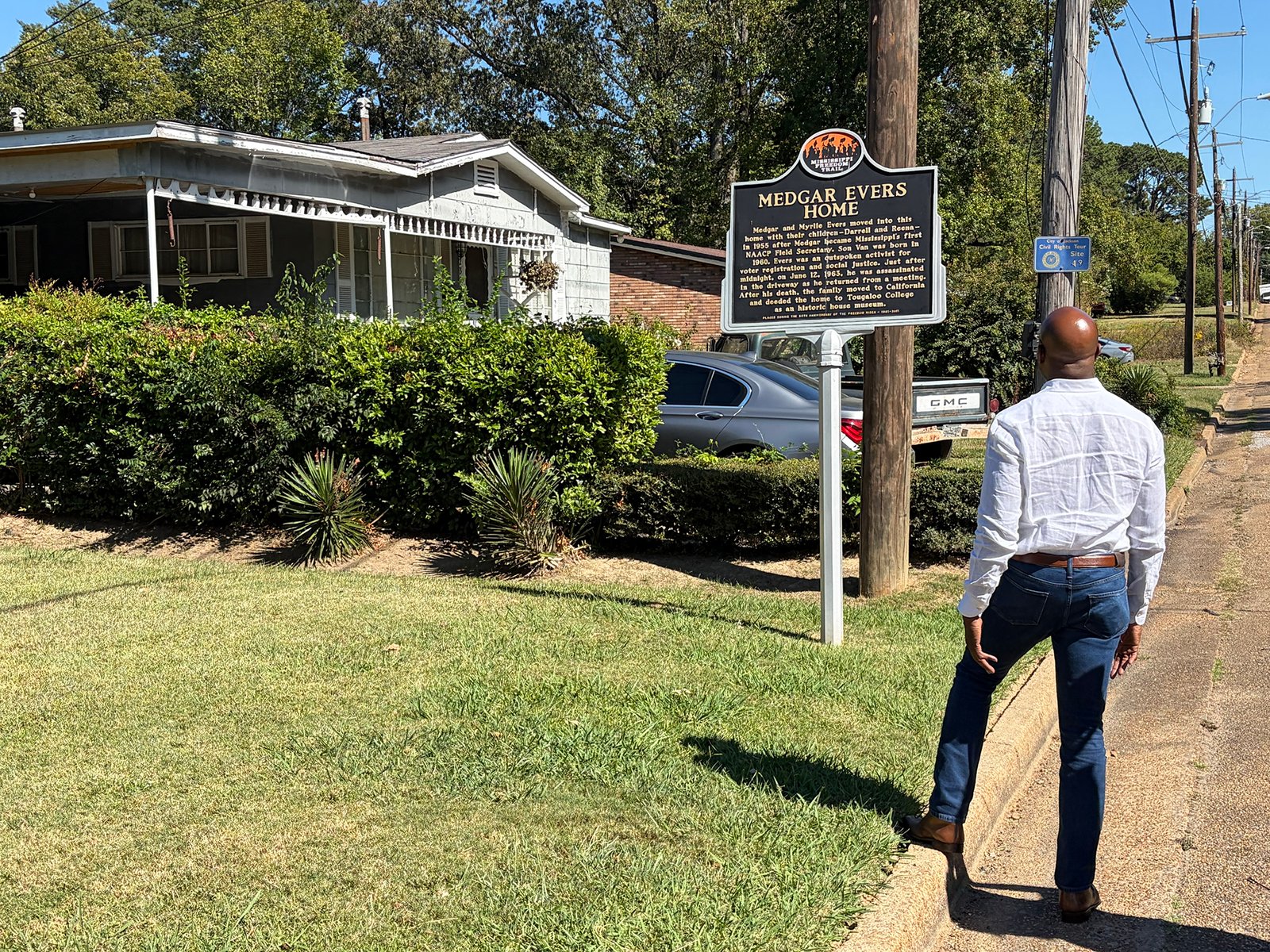 Sen. Raphael Warnock visits the former home of civil rights titan Medgar Evers in Jackson, Mississippi. 
